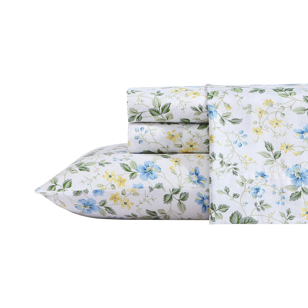 Laura Ashley Home - Queen Sheets, Soft Sateen Cotton Bedding Set - Sleek, Smooth, & Breathable Home Decor (Meadow Floral Blue,4Pcs, Queen)