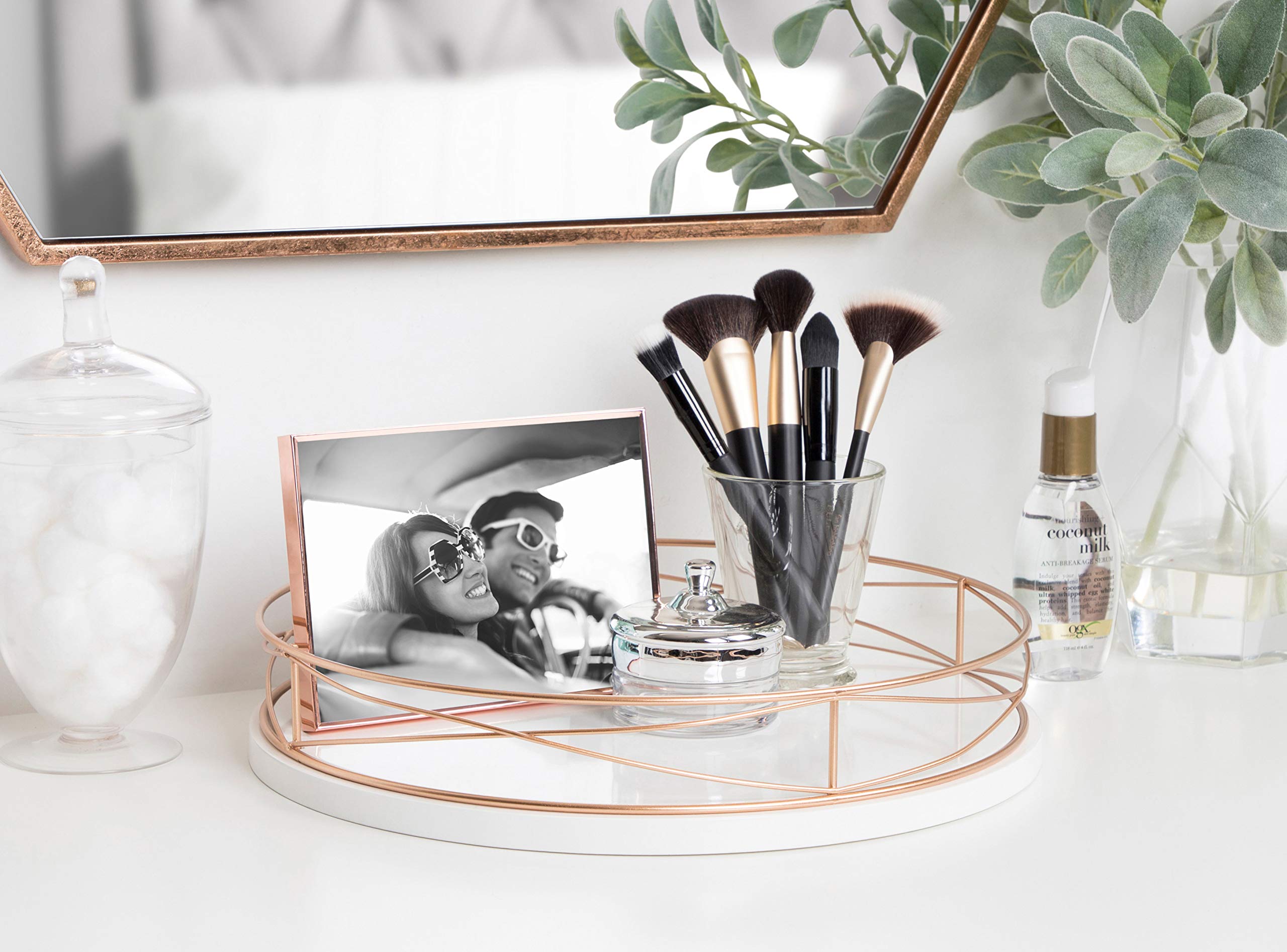 Kate And Laurel Mendel 14 Inch Round Tray With Decorative Metal Rim, White And Rose Gold