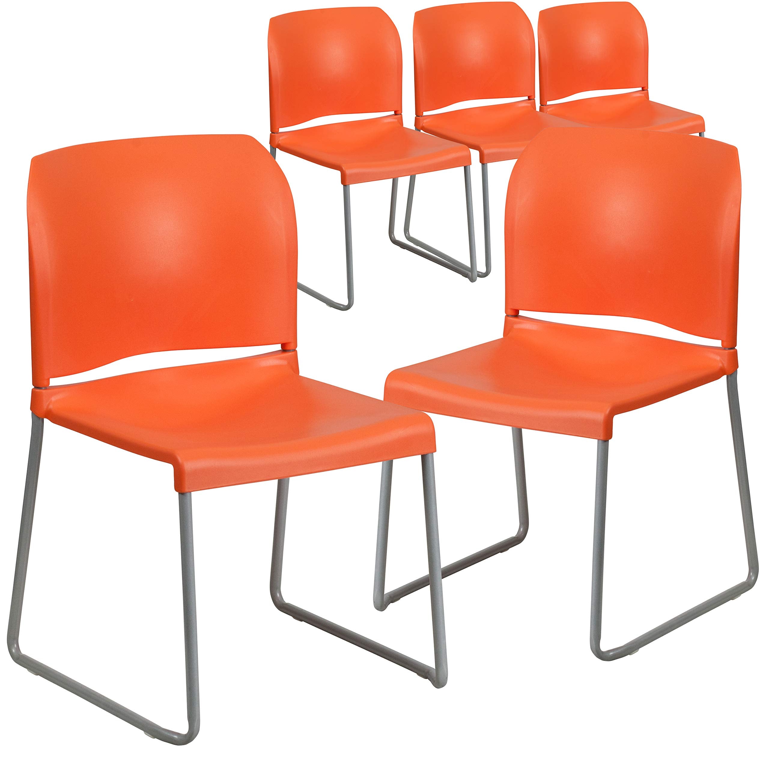 5 Pk. 880 lb. Capacity Orange Full Back Contoured Stack Chair with Sled Base