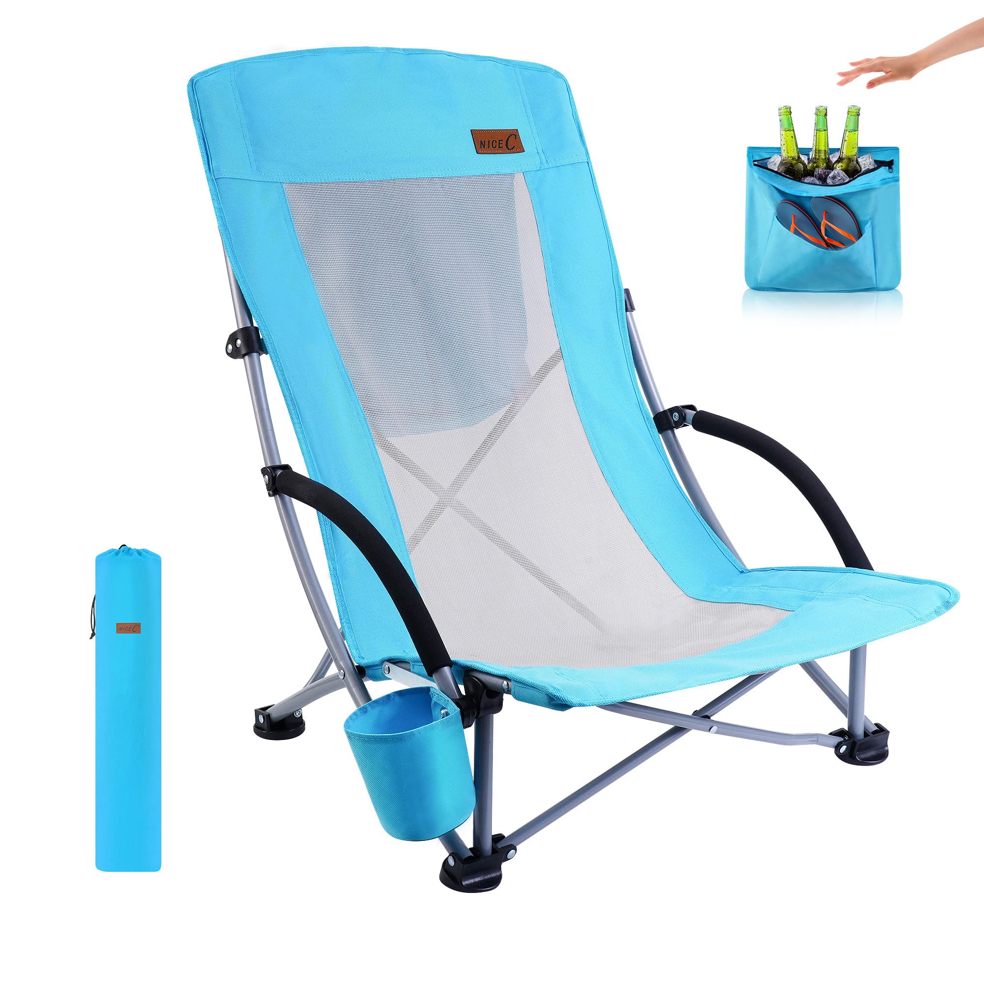Nice C Compact High Back Beach Chair for Adults w/ Cooler, Cup Holder & Carry Bag - Heavy Duty for Outdoor, Camping, BBQ, Travel