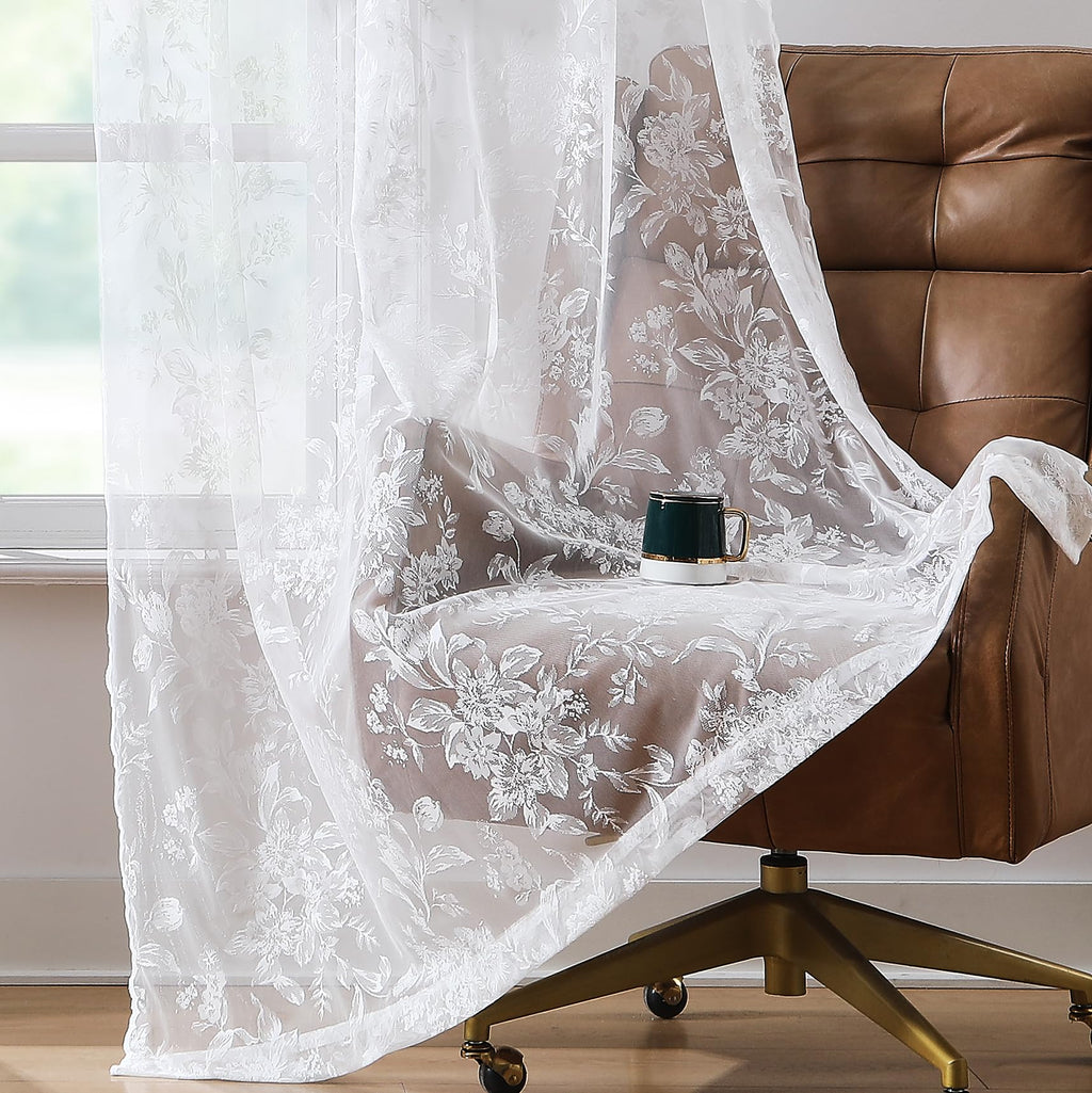 Treatmentex Floral White Lace Curtains 63 Inch Length, French Rose Embroidered Sheer Curtains For Living Room Bedroom, Light Fil