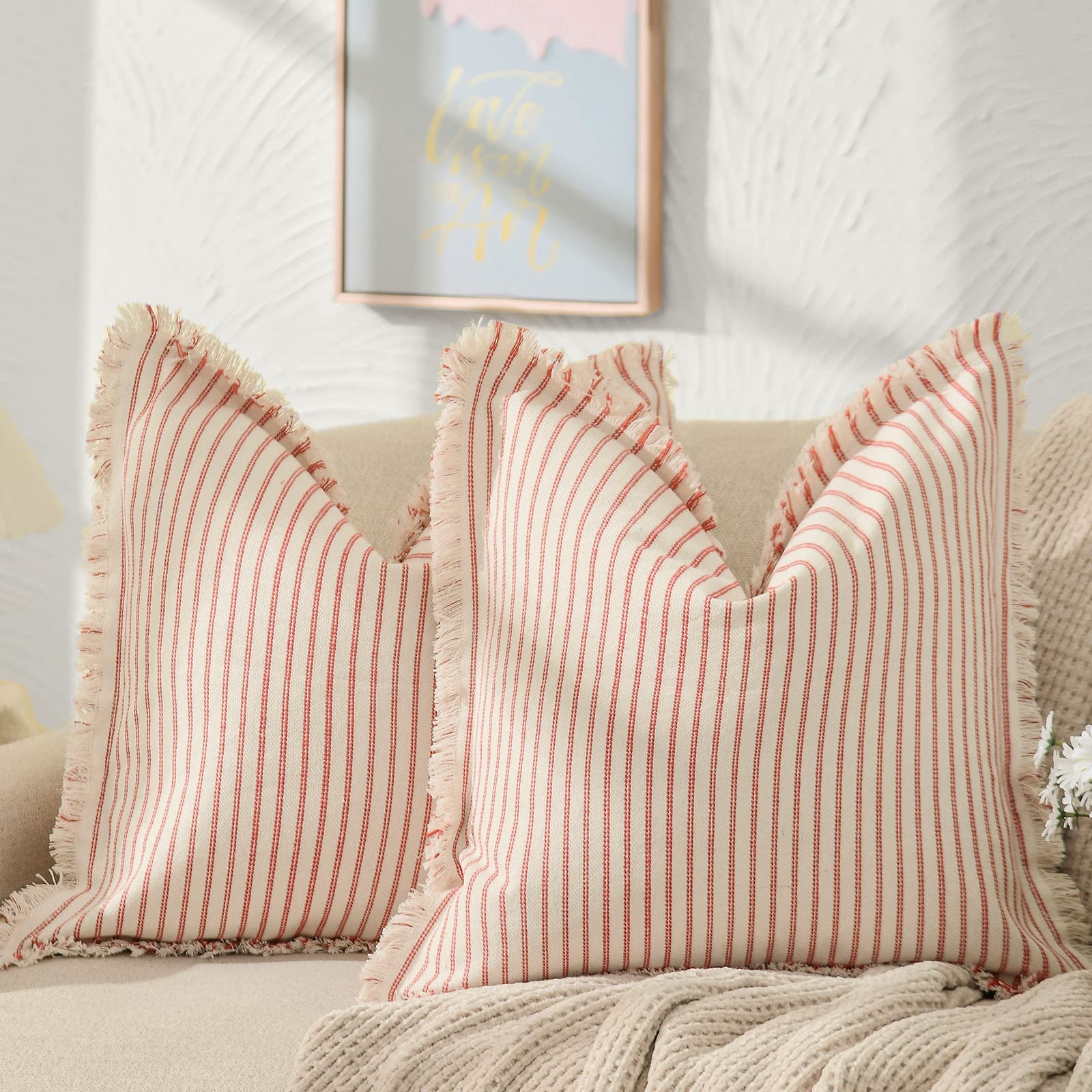 Zwjd Throw Christmas Pillow Covers 26X26 Set Of 2 Striped Pillow Covers With Fringe Chic Cotton Decorative Pillows Square Cushio