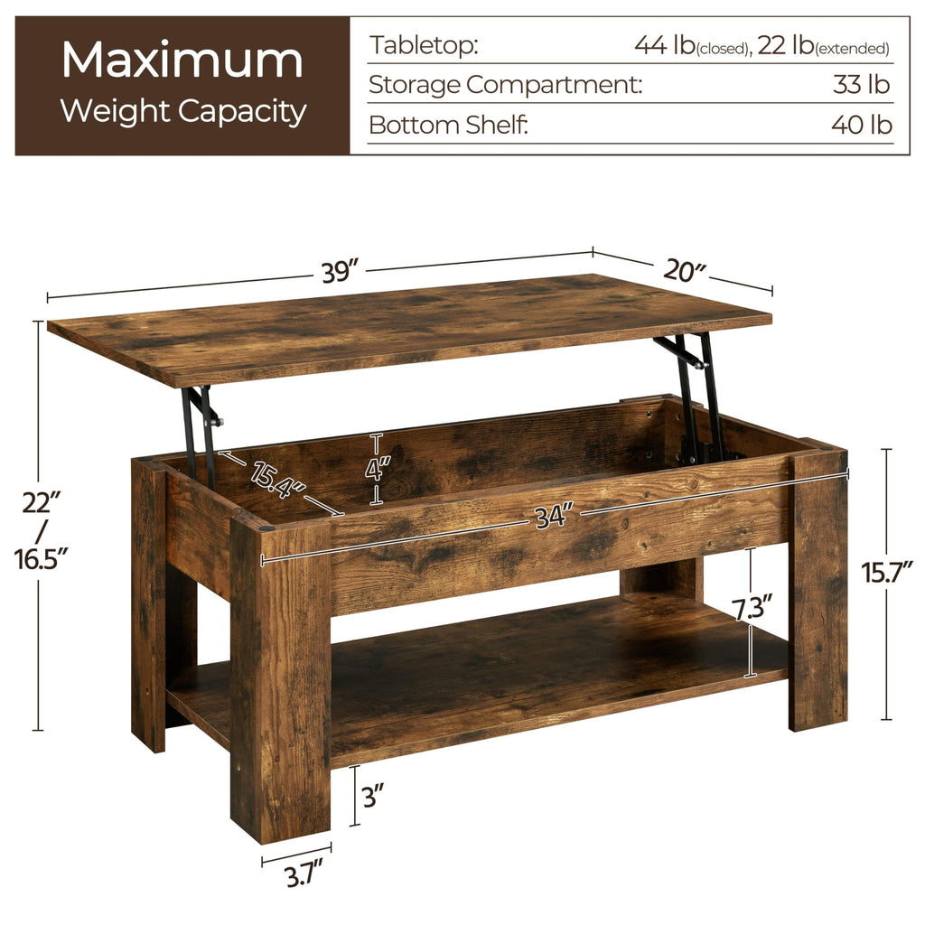 Yaheetech Vintage Coffee Table, Lift Top Coffee Table With Large Hidden Storage Shelf, Lift Tabletop Dining Table For Living Room, Home Small Space, 38.6In, Rustic Brown