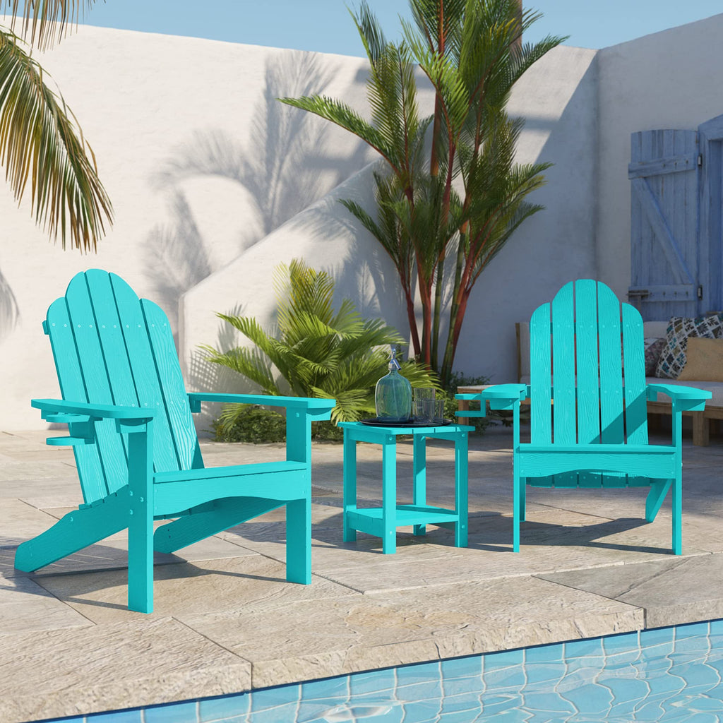 Lue Bona Poly Adirondack Chairs Set Of 2, Aruba Blue Adirondack Chairs With Cup Holder, 350Lbs Modern Adirondack Chair Weather Resistant, Plastic Patio Adirondack Chair For Fire Pit