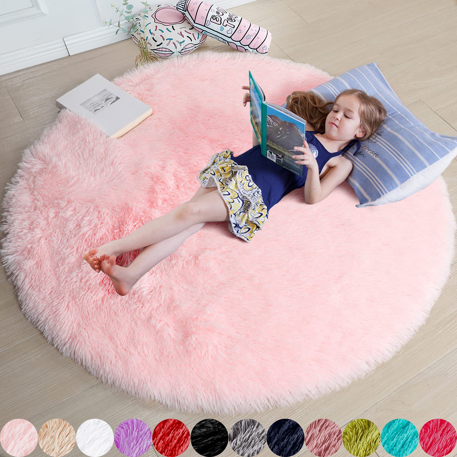 Amdrebio Pink Round Area Rugs for Girls Room, 7x7 Rug, Large Cute Circle Rug for Bedroom, Big Indoor Furry Carpet for Living Roo