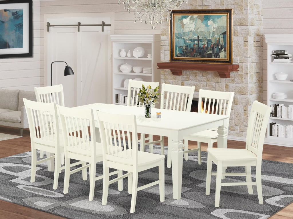 East West Furniture Lgno9-Lwh-W 9 Piece Dining Table Set Includes A Rectangle Dinner Table With Butterfly Leaf And 8 Dining Room Chairs, 42X84 Inch, Linen White