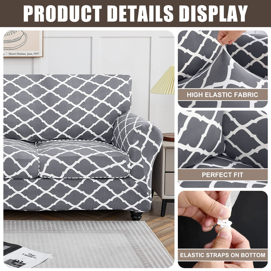 Searchi Stretch Sofa Cover Printed Couch Covers, Floral Pattern 2 Piece Armchair Slipcover With Separate Chair Cushion Cover, Washable Furniture Protector For Living Room(Armchair, Gray+White)
