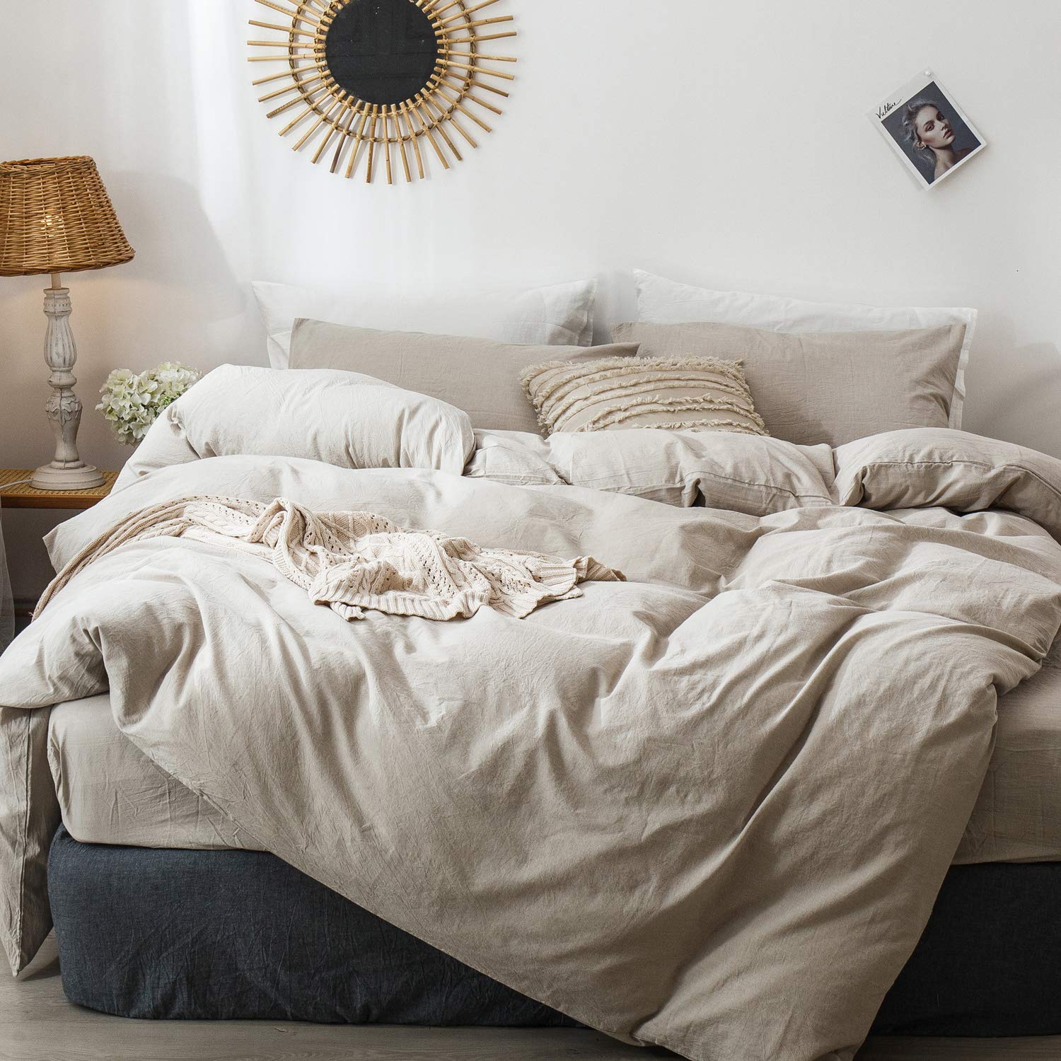 Moomee Bedding Duvet Cover Set 100% Washed Cotton Linen Like Textured Breathable Durable Soft Comfy (Tannish Linen Grey, Oversiz