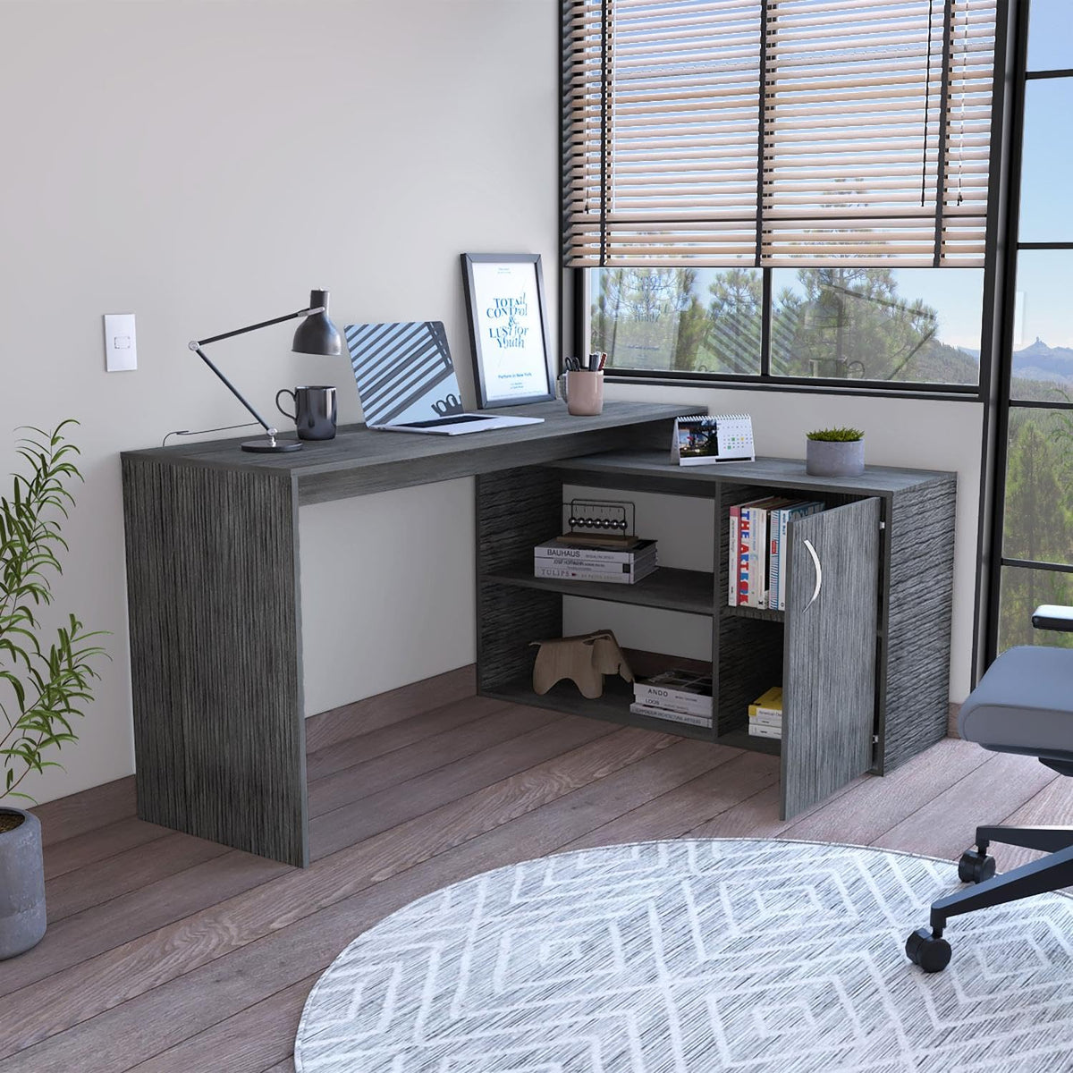 DEPOT E-SHOP Boston L-Shaped Desk, Single Door Cabinet, 2 Open Shelves, 2 Interior Shelves, Smokey Oak