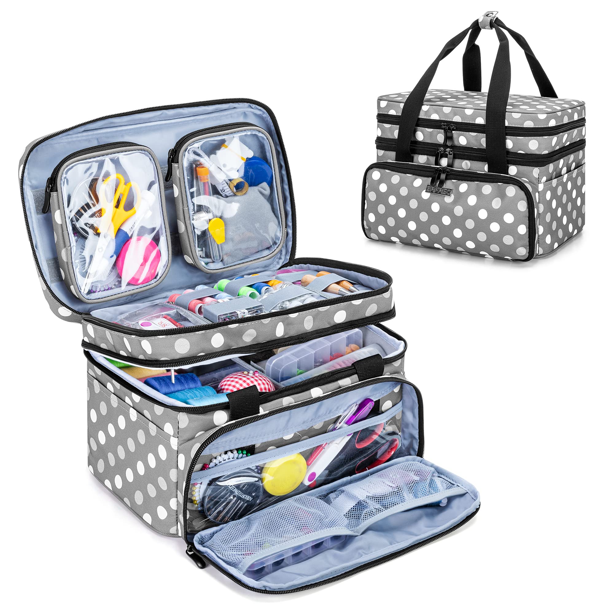 BAFASO Double Layer Sewing Accessories Organizer with 2 Detachable Pouches, Large Sewing Storage Bag for Sewing Tools (BAG ONLY)