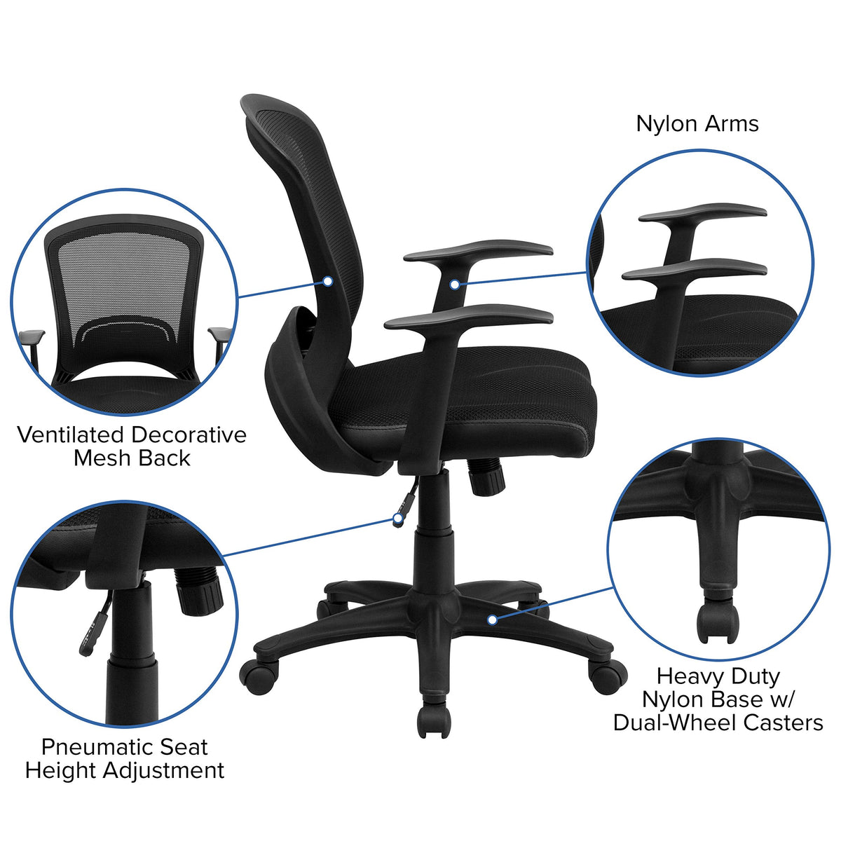 Flash Furniture Manny Mid-Back Designer Black Mesh Swivel Task Office Chair with Arms