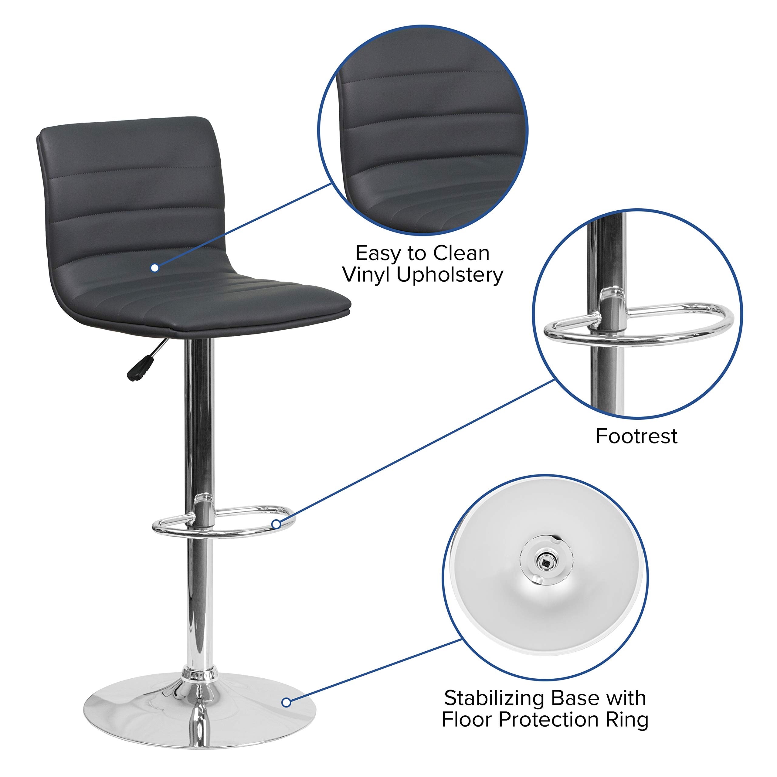 Flash Furniture Vincent Modern Adjustable Height Barstool with Footrest, Padded Mid-Back, Upholstered Vinyl Bar or Counter Height Stool, Gray/Chrome
