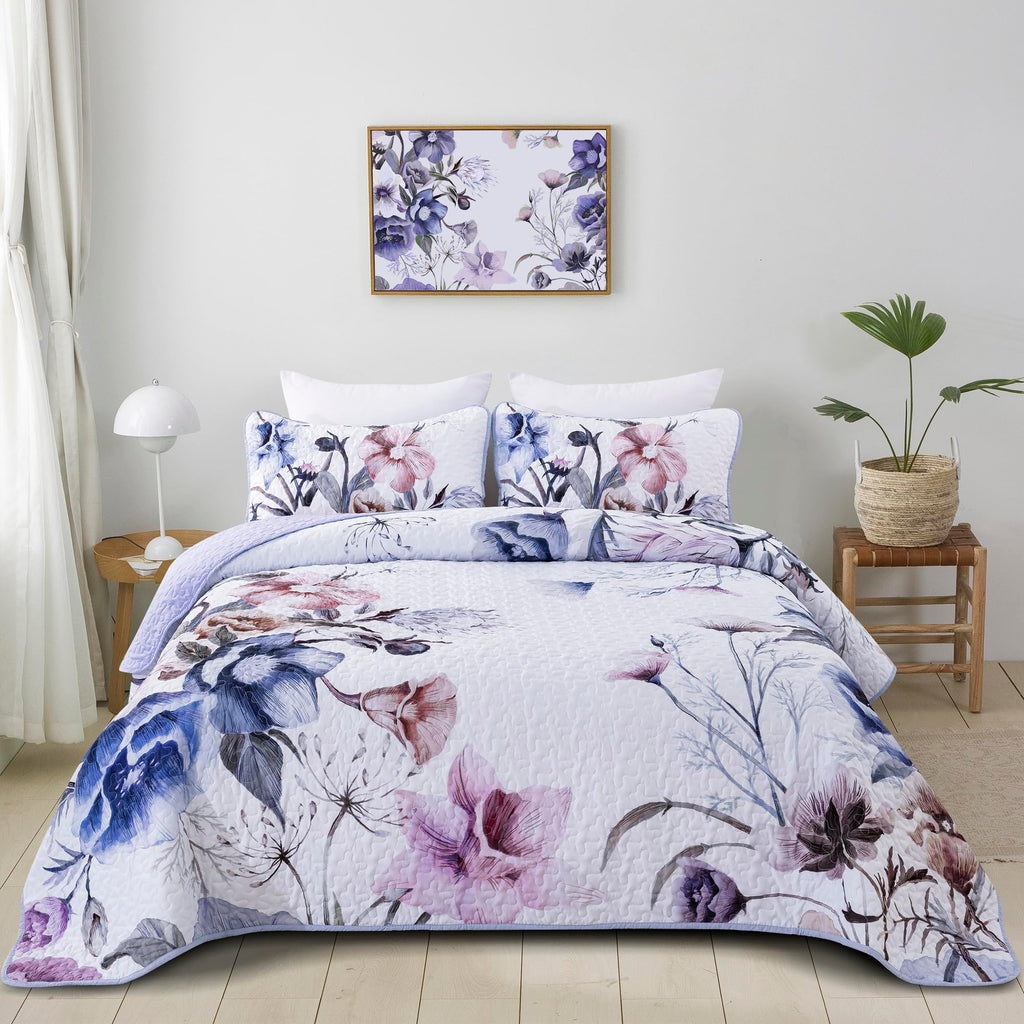 Floral Quilt Set Queen 3 Pieces Light Blue Floral Quilt Coverlet Set Soft Microfiber Lightweight Light Blue Quilted Bedspread fo