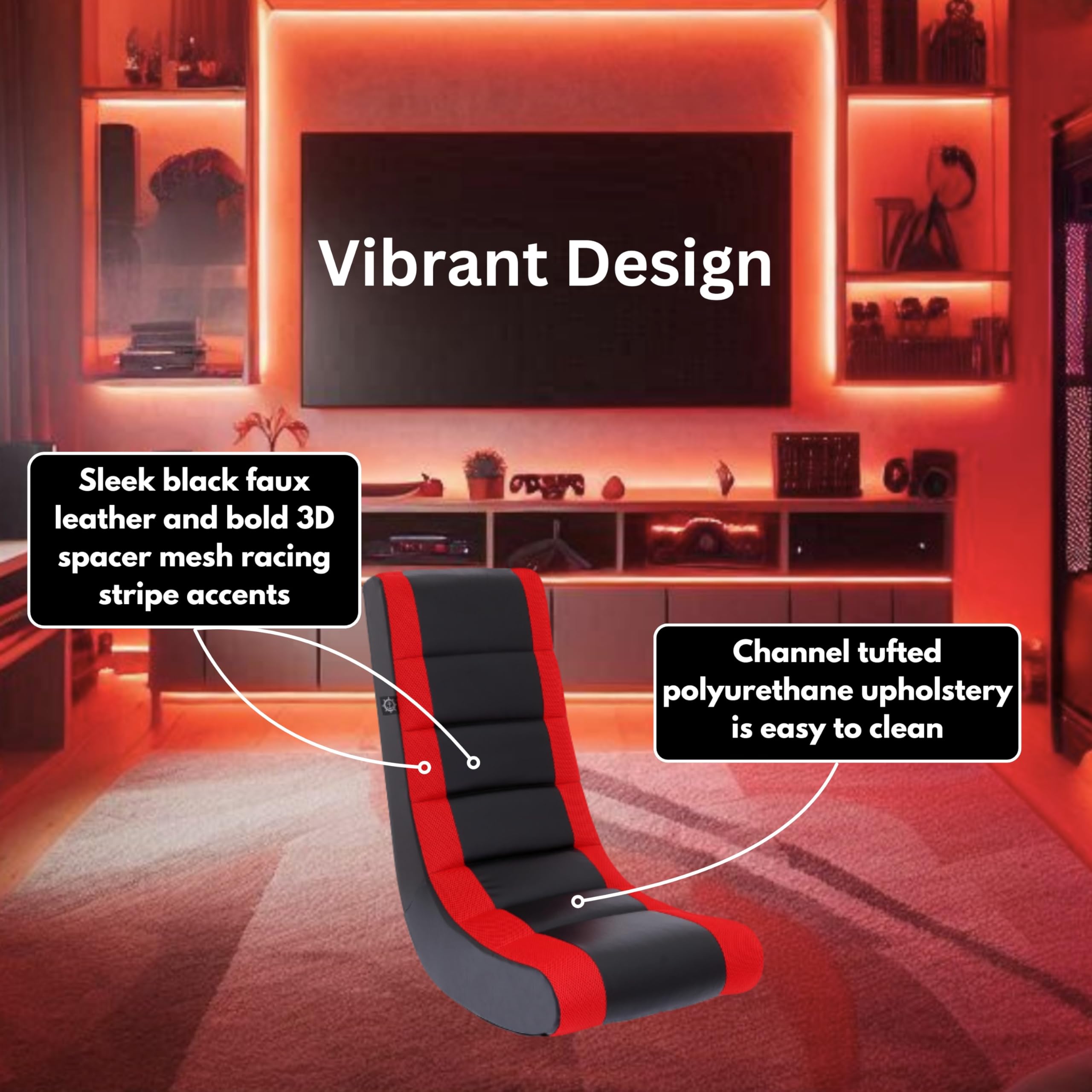 The Crew Furniture Classic Video Rocker Gaming Chair, Kids/Teens, PU Faux Leather & Mesh, Black/Red, Model 512060