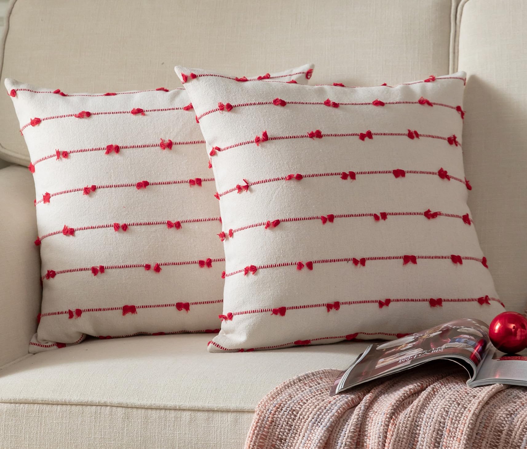 Caflife Boho Christmas Throw Pillow Covers 18X18 Inches Beige And Red, Set Of 2 Modern Farmhouse Holiday Decorative Pillow Cover