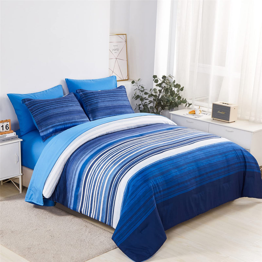 Kakijumn 7 Piece Bed In A Bag Stripe Comforter Set Full Size, White And Blue Patchwork Striped Comforter And Sheet Set, All Seas
