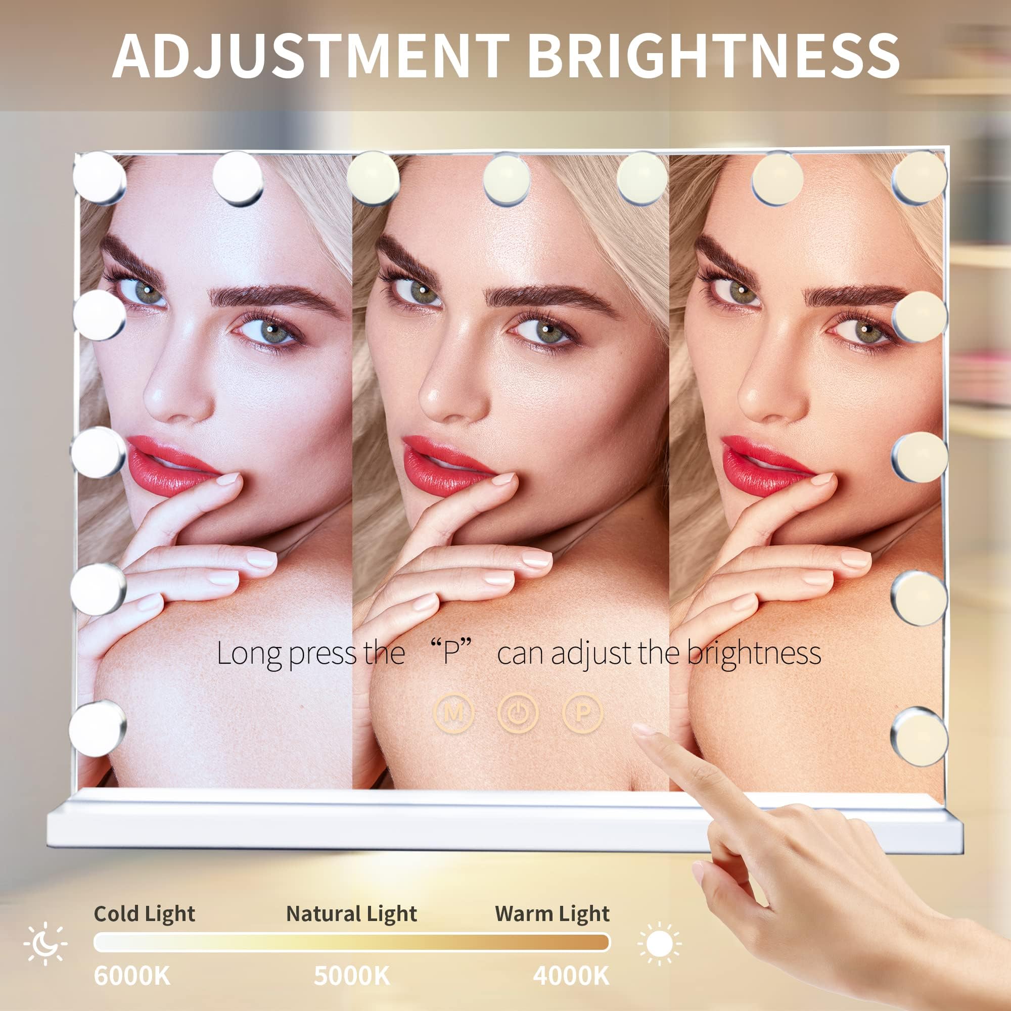 Slimoon Hollywood Vanity Mirror With Lights, 15 Dimmable Led Bulbs 3 Color Lighted Makeup Mirror With Detachable 10X Magnificati