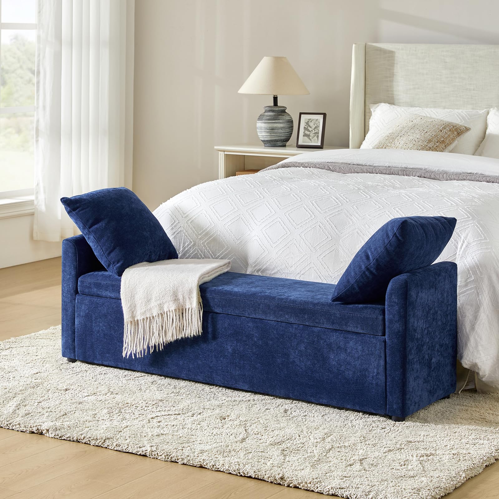 HULALA HOME Modern Storage Ottoman Bench with Throw Pillows, 59.4 Extra Long Bedroom Bench for End of Bed, Comfy Upholstered Foo