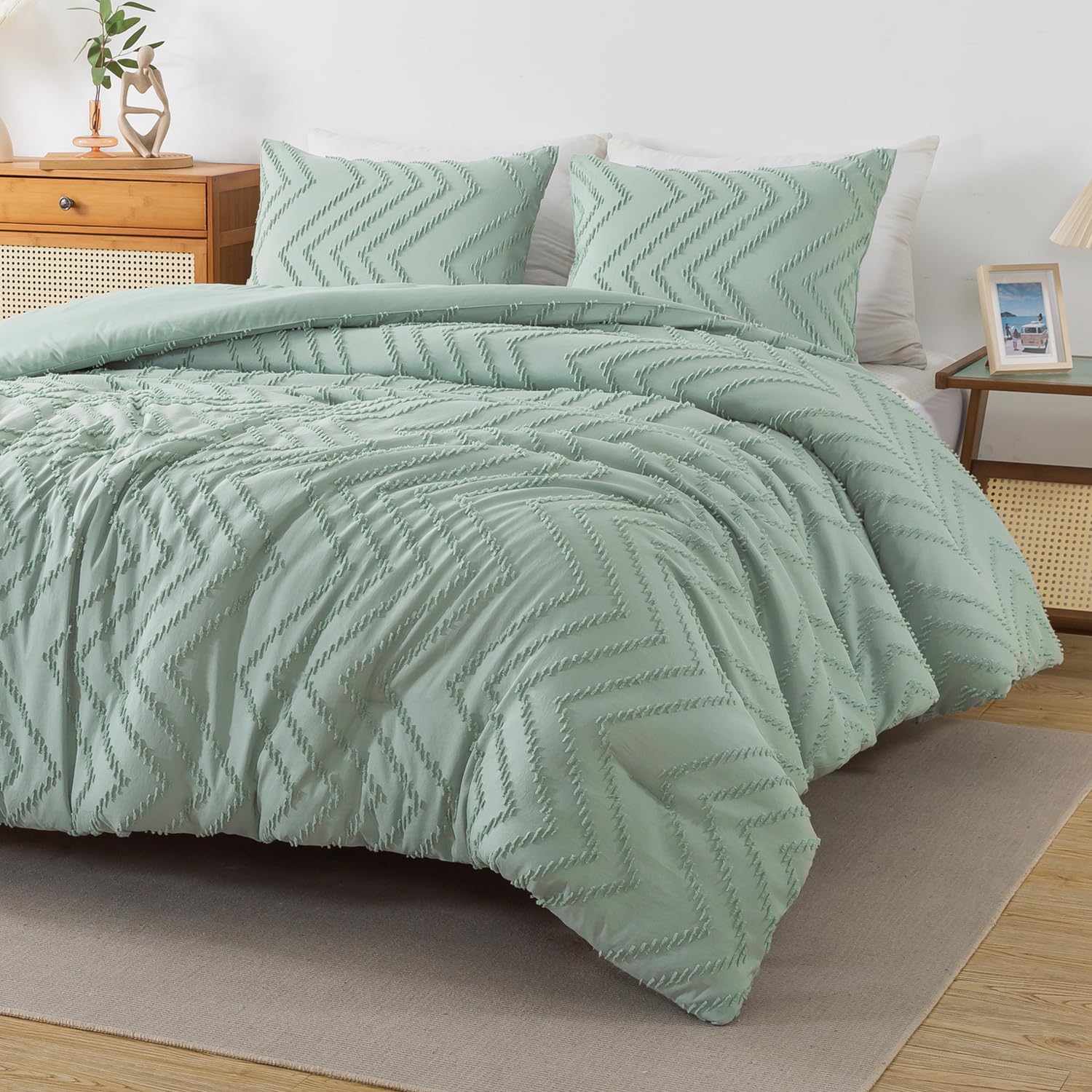 Andency Sage Green California King Comforter Set, Boho Soft Fluffy Warm Lightweight Bedding Comforter Sets, 3 Pieces Light Green