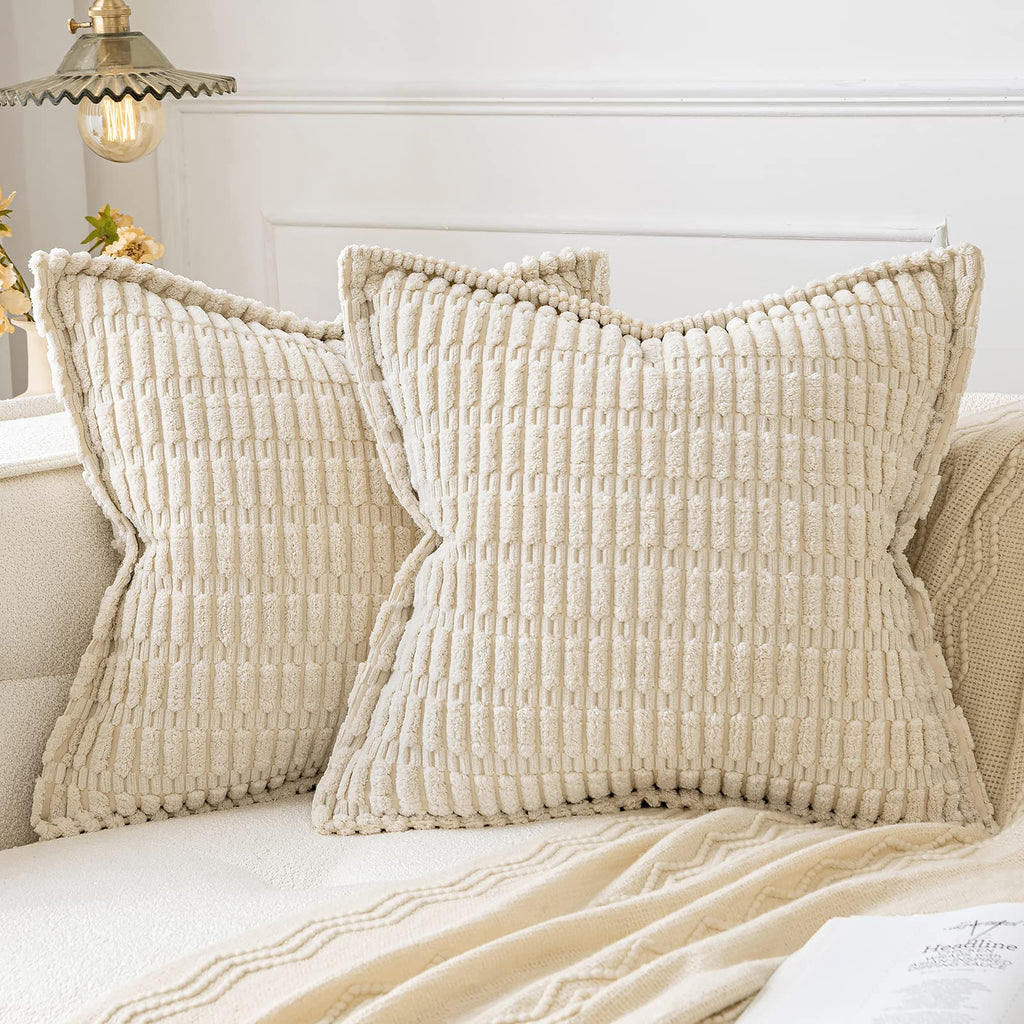 Miulee Cream White Corduroy Decorative Throw Pillow Covers Pack Of 2 Soft Striped Pillows Pillowcases With Broad Edge Modern Christmas Winter Cute Boho Home Decor For Couch Sofa Bed 18X18 Inch