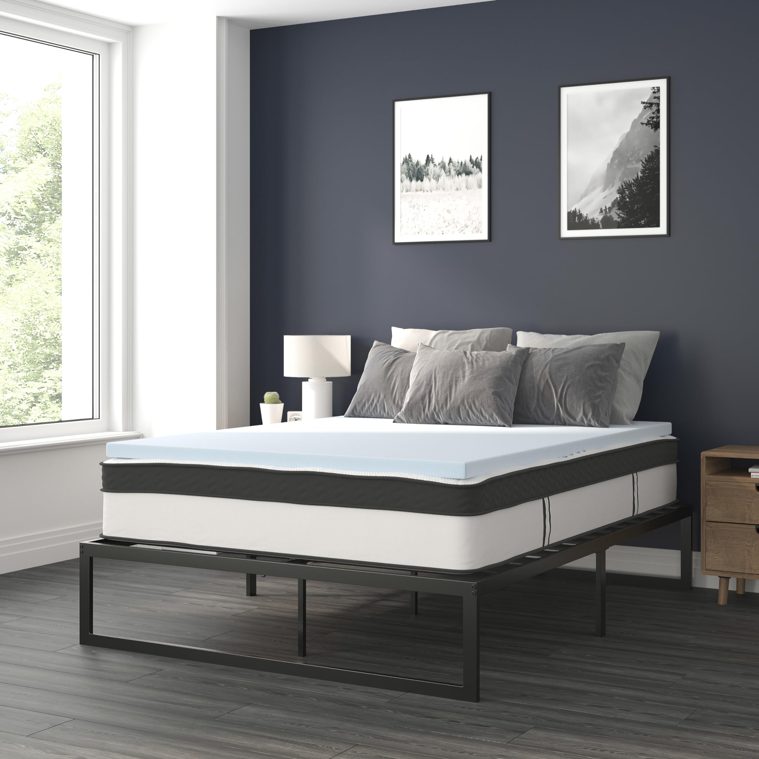 Flash Furniture 14 Inch Metal Platform Bed Frame with 12 Inch Pocket Spring Mattress in a Box and 2 Inch Cool Gel Memory Foam To