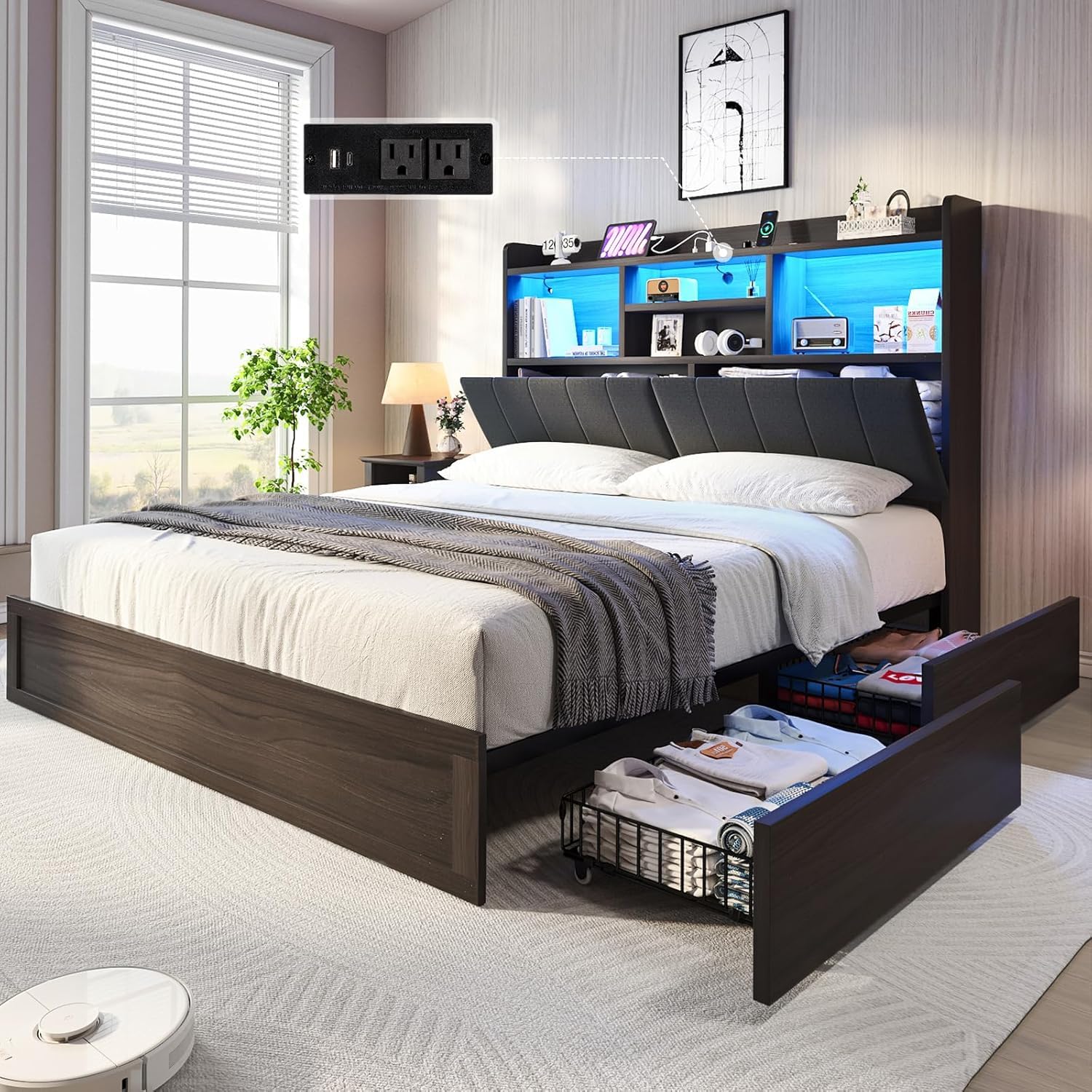 LUXOAK King Farmhouse Bed Frame with Bookcase Headboard and 4 Drawers, LED Storage Bed with Charging Station & Linen Upholstered