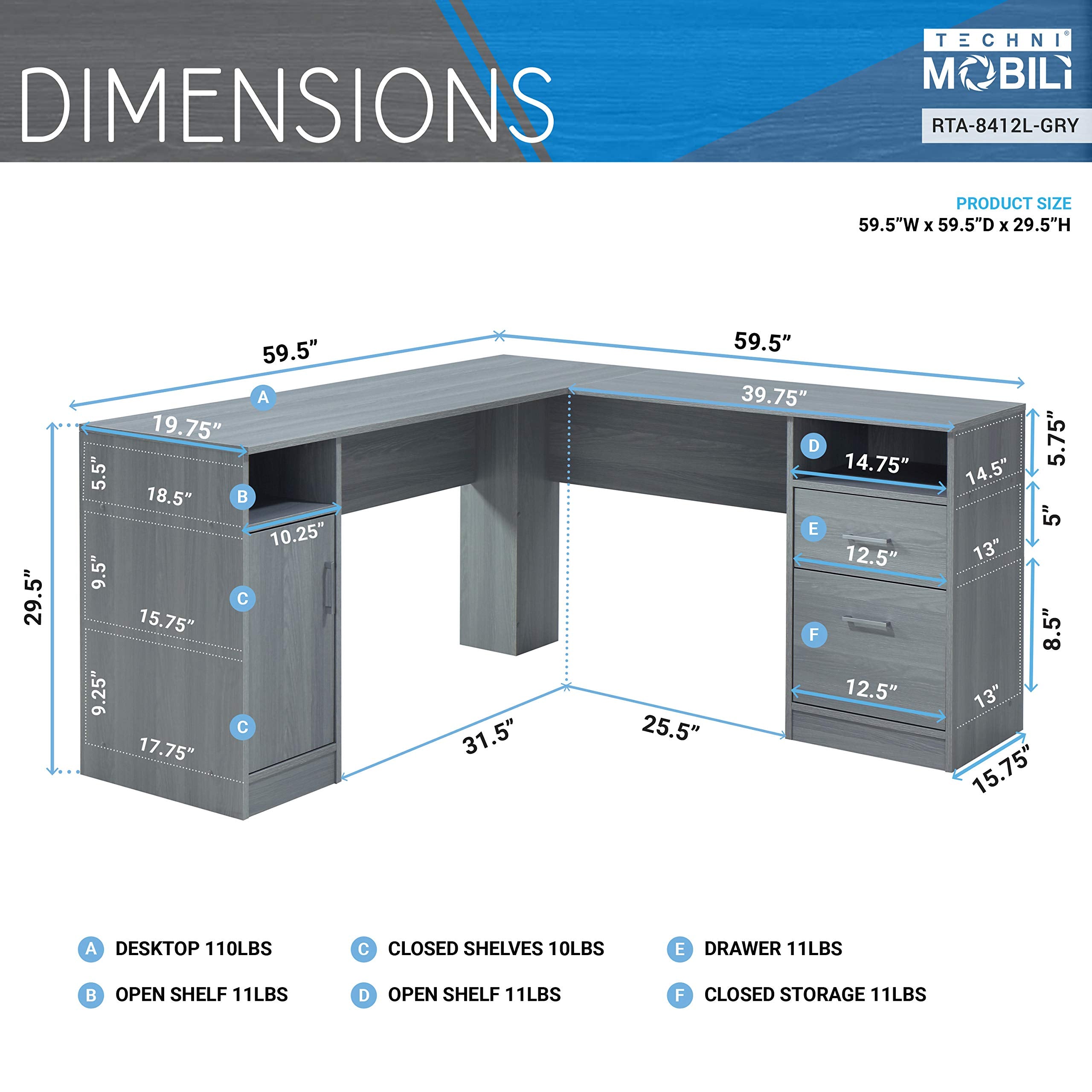 Techni Mobili Functional L-Shaped Computer Desk With Storage, L Is ?59.5" Wide X 59.5" Long, Grey