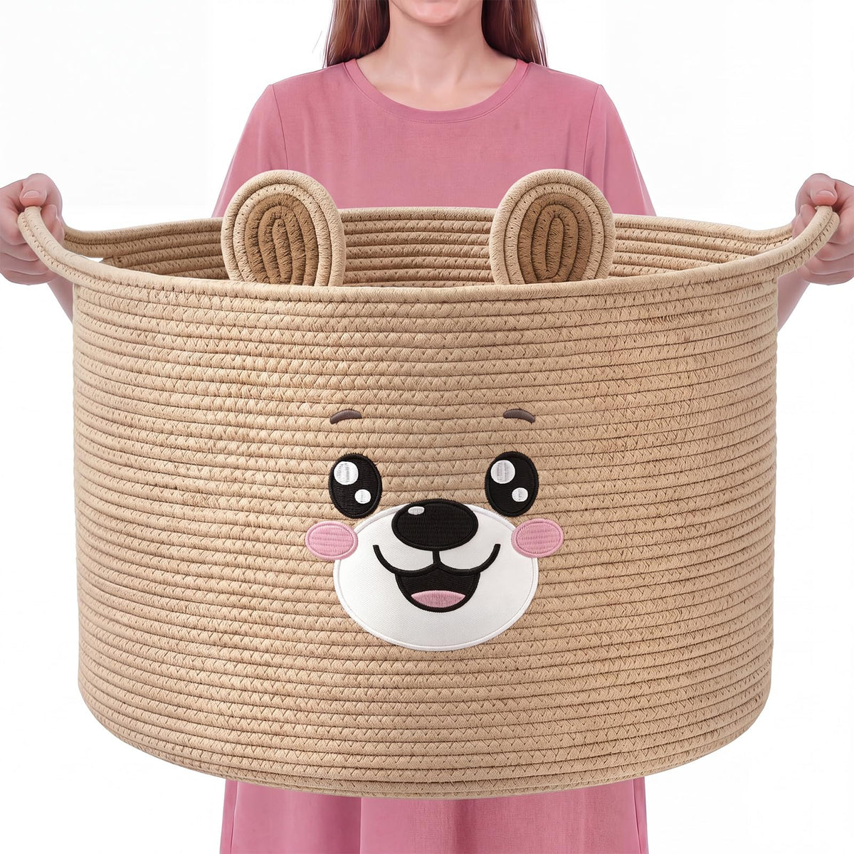 LemonRoad Baby Laundry Basket Large Nursery Hamper 20x14 Highland Cute Bear Basket 90 L Round Woven Rope Cotton Storage for La