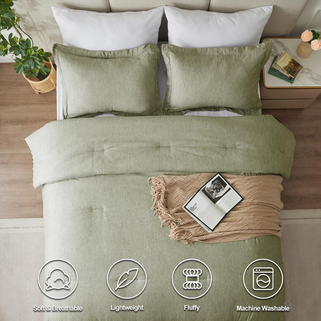 Cozylux King Size Comforter Set - 3 Pieces Olive Green Soft Luxury Cationic Dyeing Bedding Comforter For All Season, Breathable Lightweight Fluffy Boho Bed Sets With 1 Comforter And 2 Pillow Shams