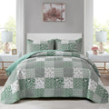 Mybedsoul Green Quilt Set Full Size, 3 Pieces Plaid Floral Bedspread Set Patchwork Reversible Bedding Set Microfiber Lightweight