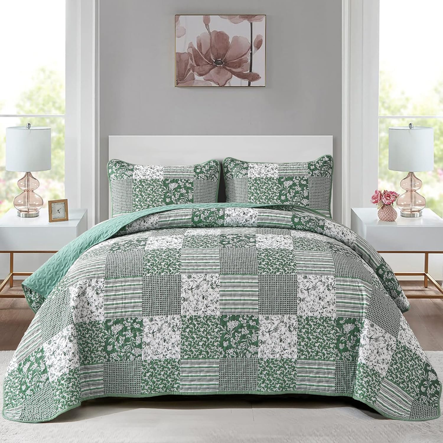 Mybedsoul Green Quilt Set Twin Size, 2 Pieces Plaid Floral Bedspread Set Patchwork Reversible Bedding Set Microfiber Lightweight