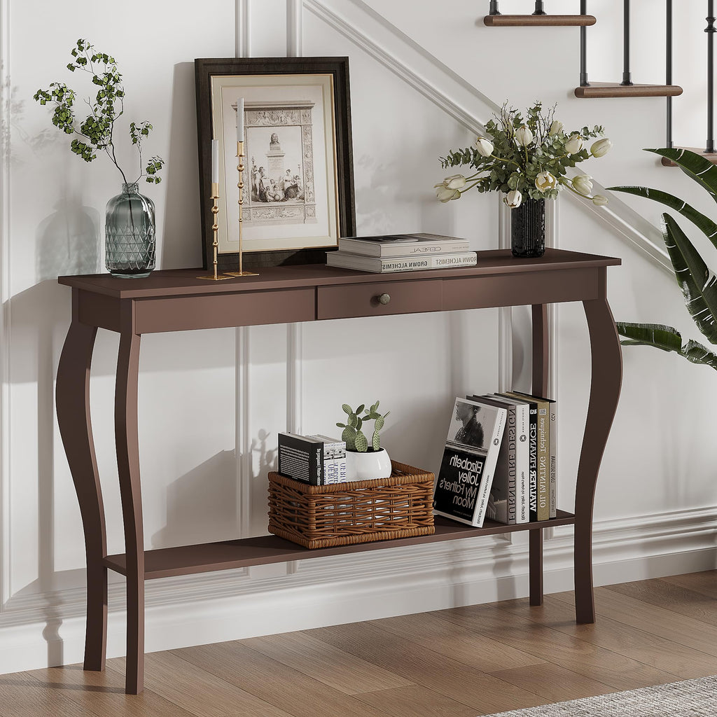 Choochoo 47 Inch Narrow Console Table With Drawer, Chic Accent Sofa Entryway Table With Shelves For Entryway, Living Room, Hallway, Espresso