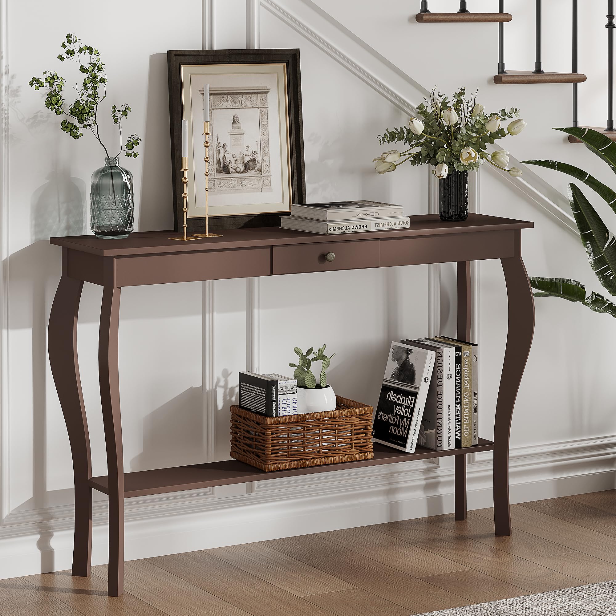 Choochoo 47 Inch Narrow Console Table With Drawer, Chic Accent Sofa Entryway Table With Shelves For Entryway, Living Room, Hallway, Espresso