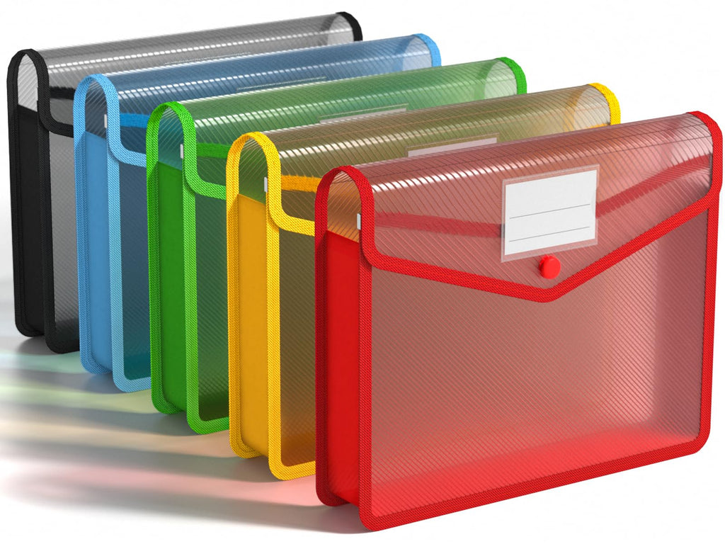 Umriox Plastic File Folders, 5 Pack A4 Poly Envelope Expanding File Wallet Document Folder With Snap Button Closure & Label Pock