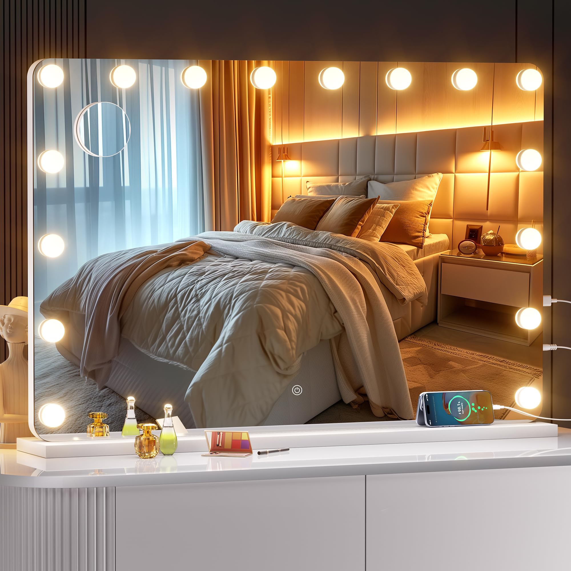 36X24 Hollywood Vanity Mirror with Lights, Lighted Makeup Mirror with 16 Dimmable LED Bulbs, 3 Color Lighting Modes & Steple