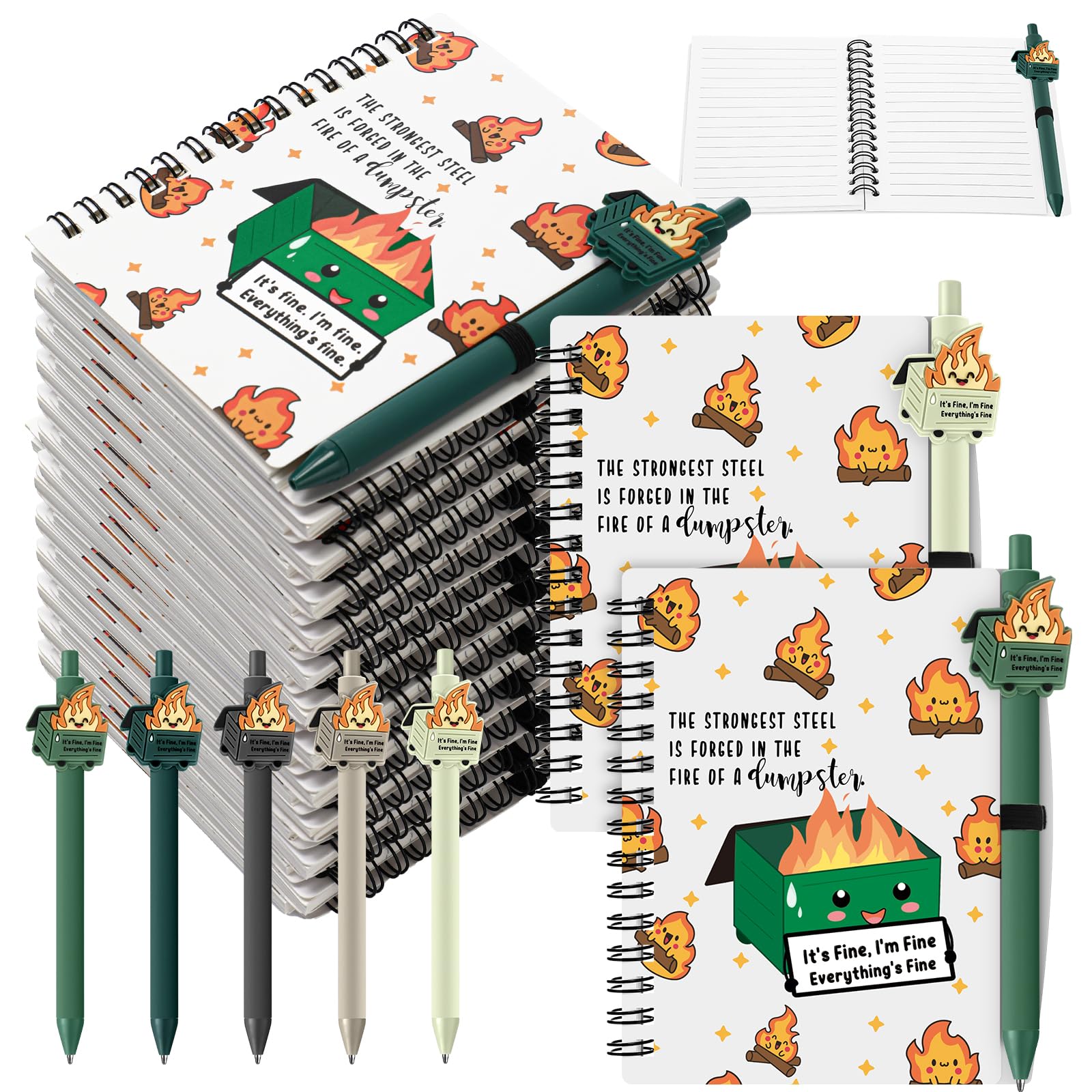 Resurhang 40 Pcs Dumpster Fire A6 Notebooks Pens Bulk Boss Day Inspirational Funny Gift Set with Saying Dumpster Fire Notepad Ba