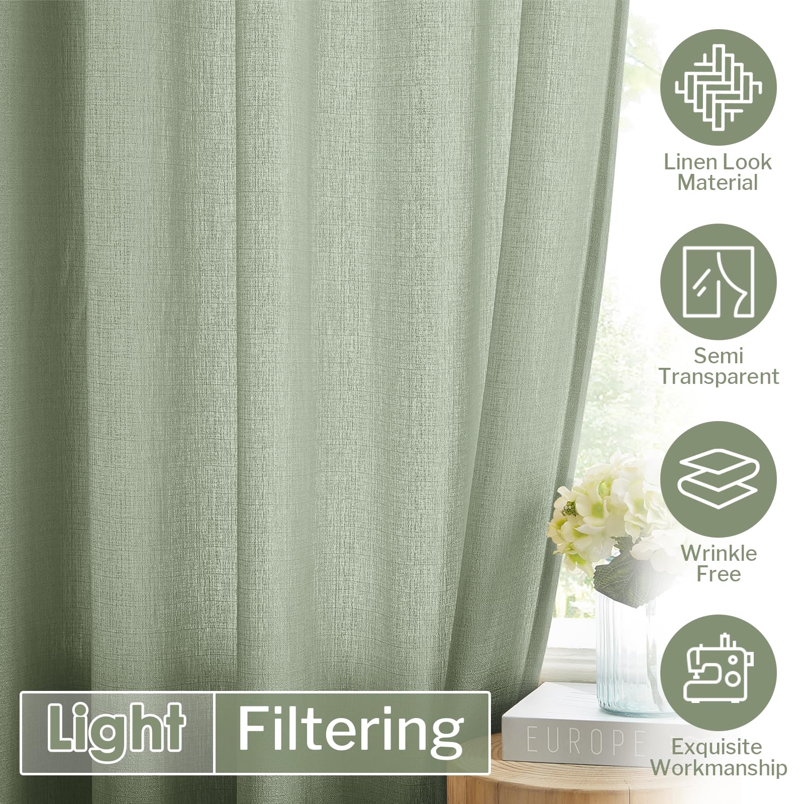 Melodieux Sage Green Semi Sheer Curtains 63 Inches Long For Living Room, Linen Texture Bedroom Privacy Window Sheer Drapes Rod P