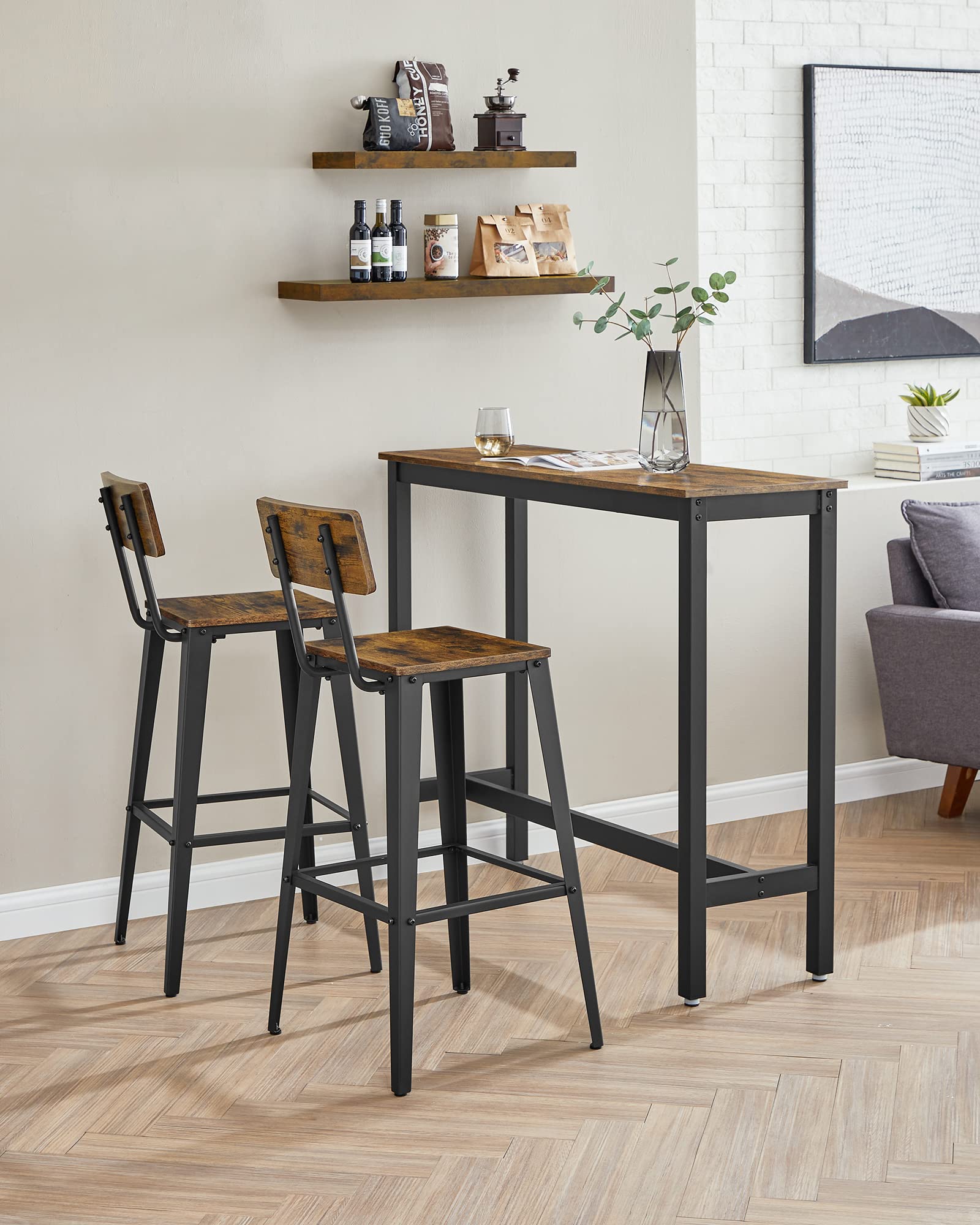 Vasagle Set Of 4 Bar Stools, Bar Height Stools, Tall Bar Stools With Back, Bar Chairs, Steel Frame, Industrial Style, Easy Assembly, Rustic Brown And Ink Black Ulbc278B01