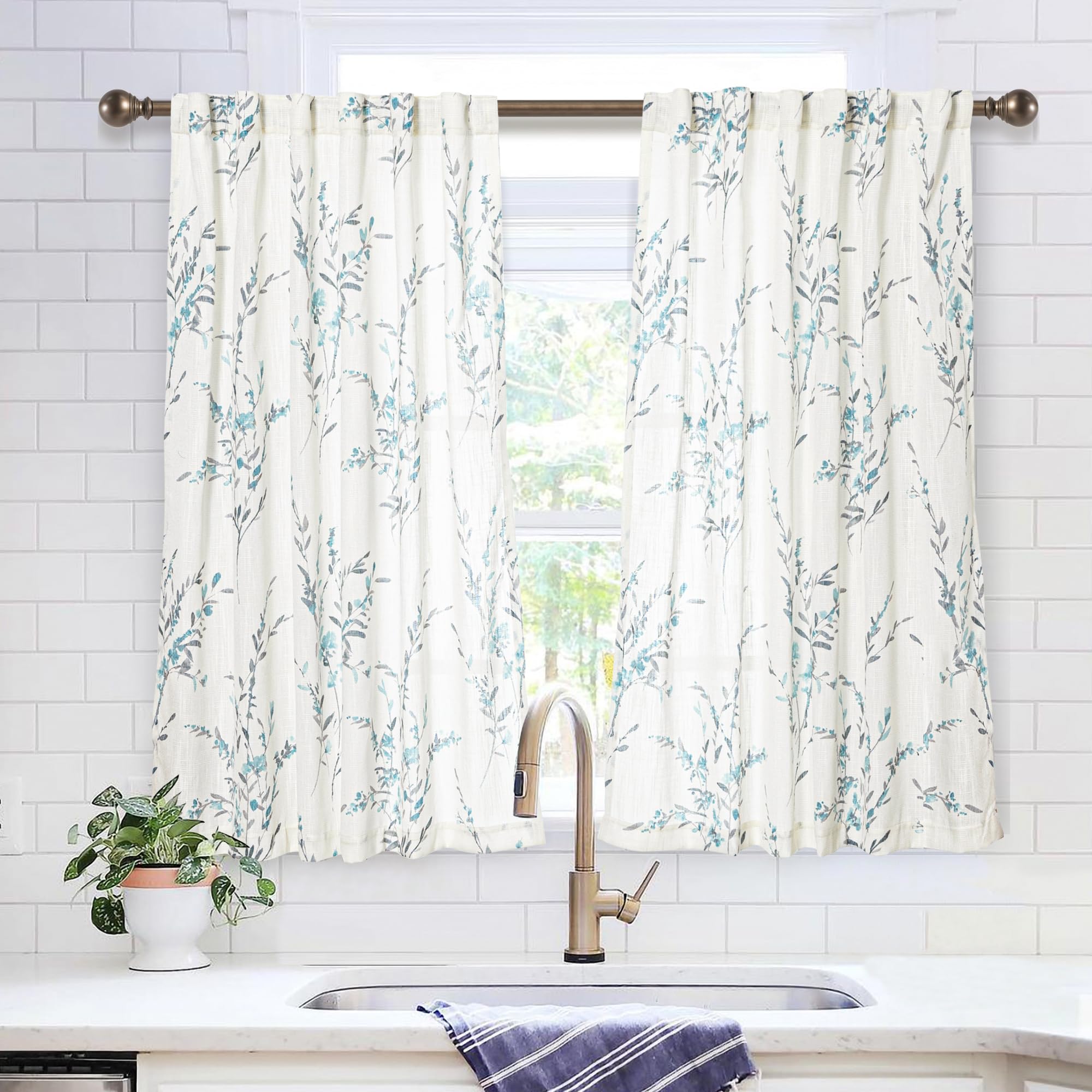 MYSKY HOME Short Curtains for Small Kitchen 45 inches Length Linen Look Farmhouse Curtains Drapes Cotton Polyester Blend Soft Fa