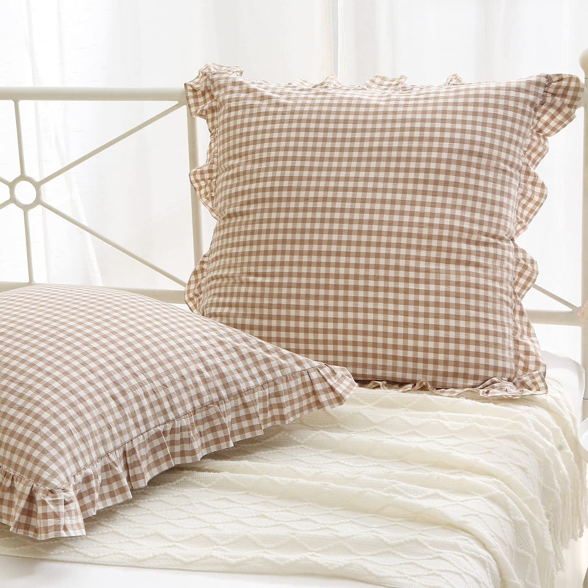 K Masaniji 2 Pack Taupe White Plaid Ruffle Euro Pillow Shams 26X26 Inches, Washed Cotton Gingham Camel Brown Fall Decorative Pil