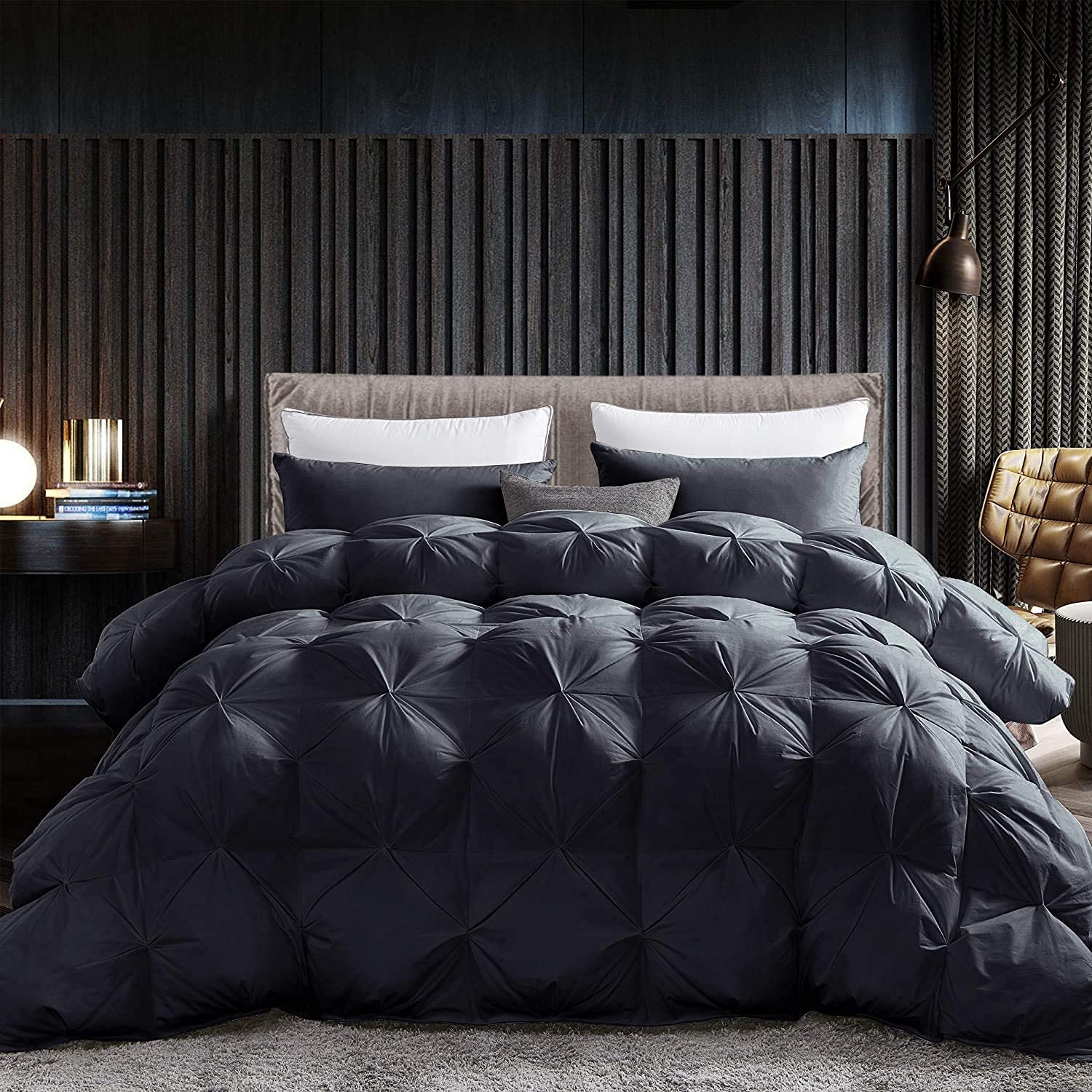 Luxurious Goose Down Feather Fiber Comforter, Exquisite Pinch Pleat Design, Black 108 X 98 , 100% Egyptian Cotton, 75 Oz Fill We