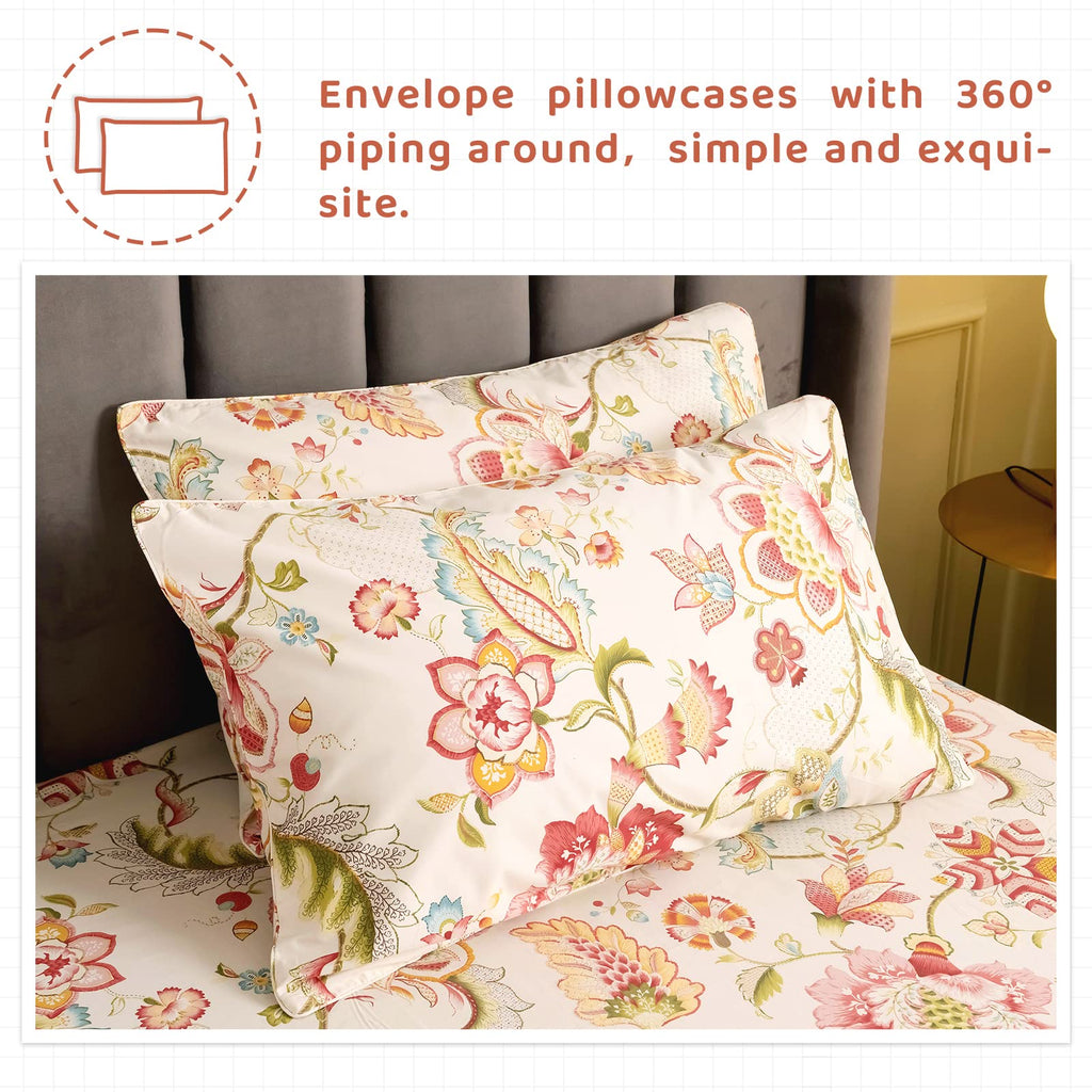 Qsh 100% Egyptian Cotton Floral Sheets For Split King Size Bed, Red Yellow Flowers Plant Pattern Botanical Printed Bedding Deep