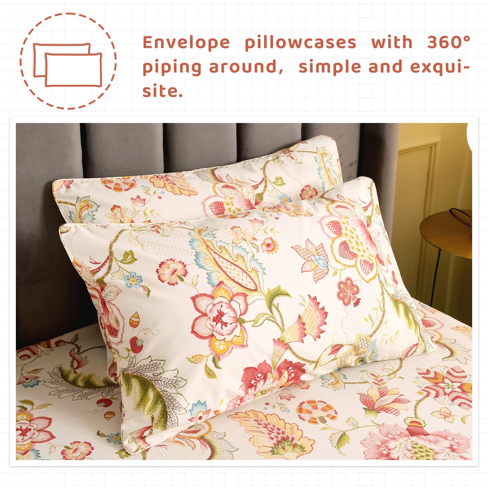 Qsh 100% Egyptian Cotton Floral Sheets For Split King Size Bed, Red Yellow Flowers Plant Pattern Botanical Printed Bedding Deep