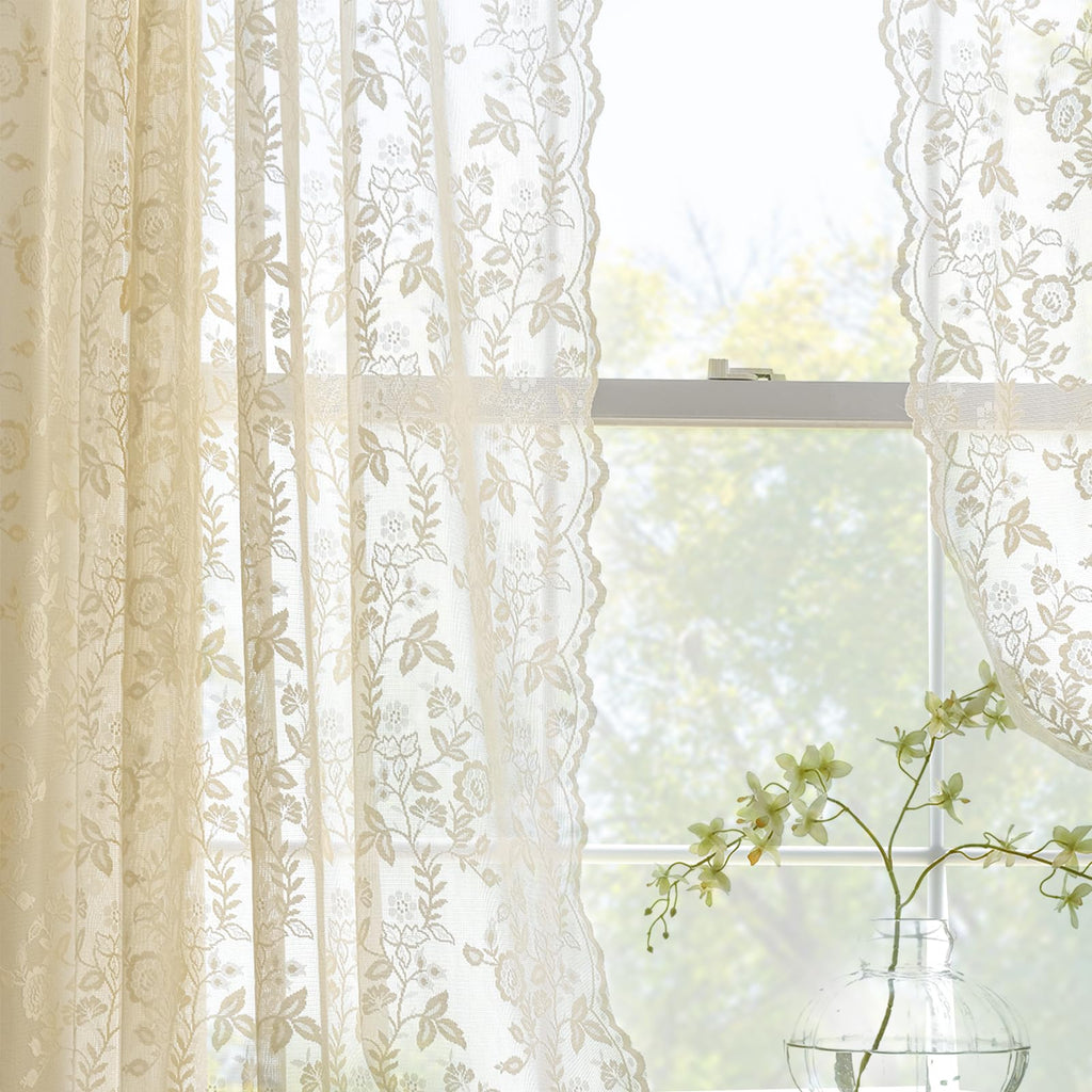 Beige Lace Curtains 63 Inch Length 2 Panels Set Rustic Leaf Floral Patterned Farmhouse Vintage Lace Sheer Curtains For Bedroom D