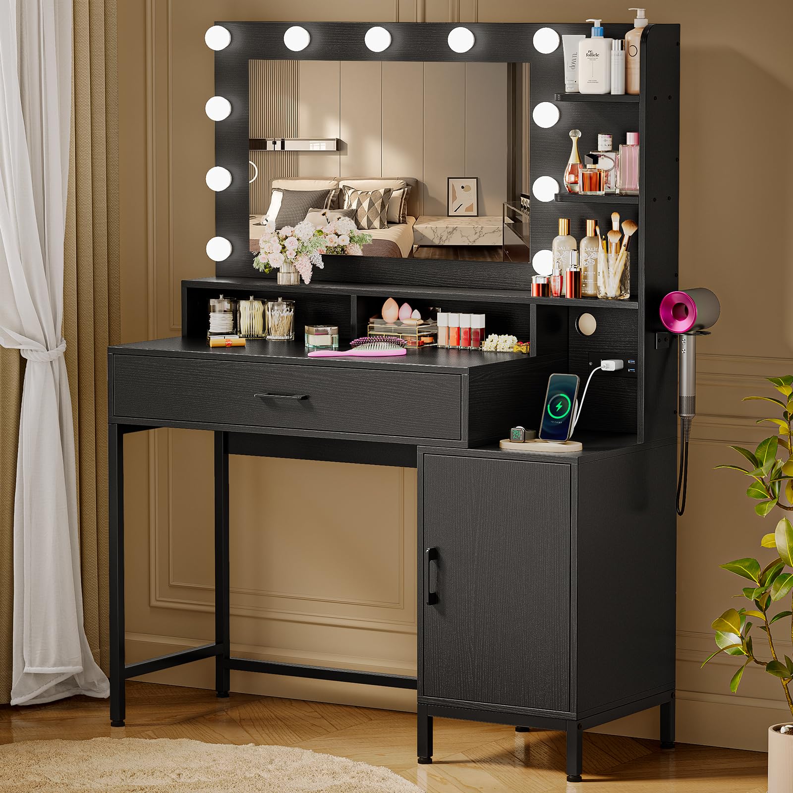 Driftalia Vanity Desk with Mirror and Lights, Makeup Vanity with Storage Drawer, Power Outlet and Large Cabinet for Bedroom - Bl
