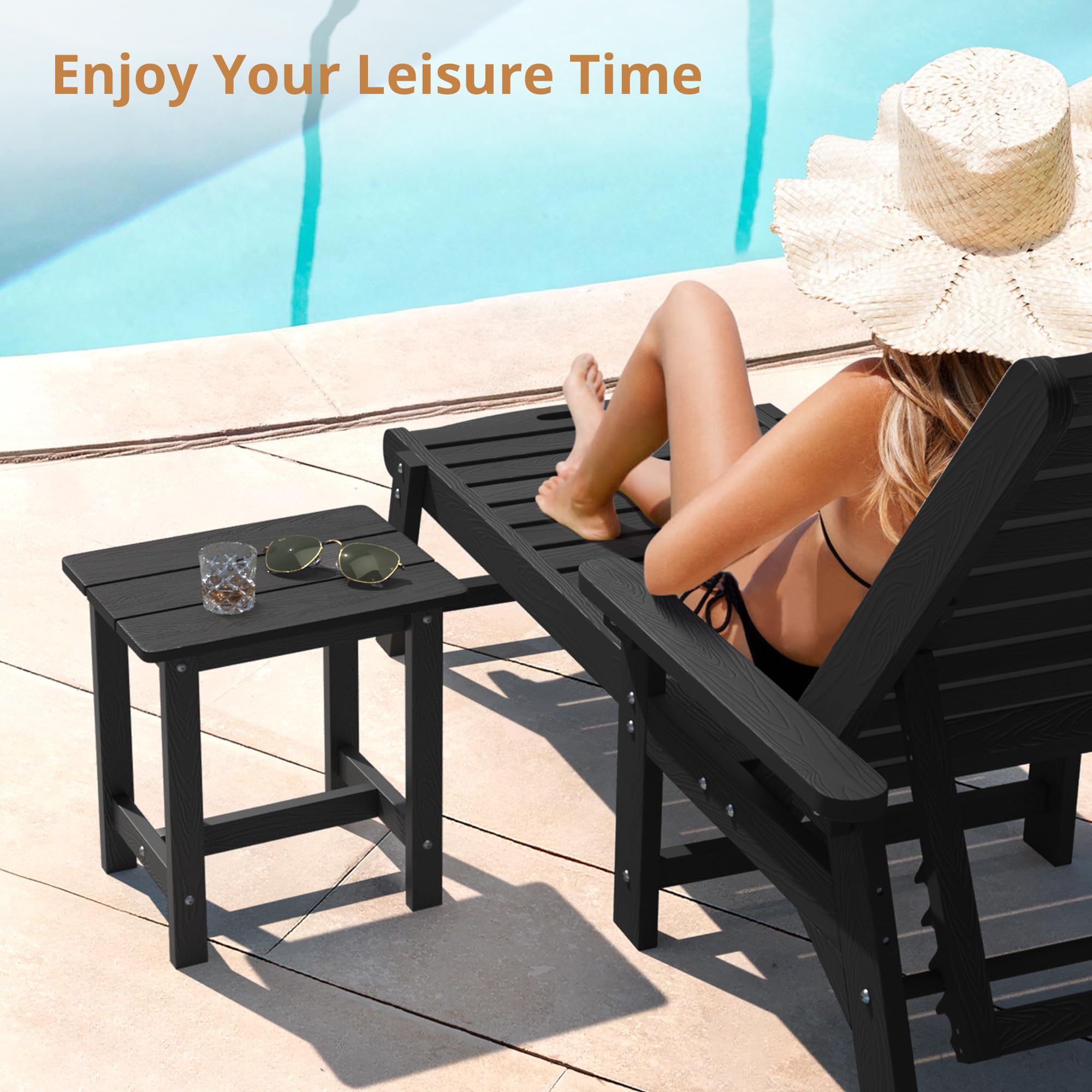 Lue Bona Outdoor Side Table, Hdps Small Outdoor Adirondack Side Tables, Outside End Table For Patio, Porch, Deck, Pool, Weather Resistant/Easy Maintenance, Black