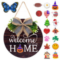 Interchangeable Welcome Sign Wreaths for Front Door - Seasonal Round Wood Door Sign, Farmhouse, Porch Wall Outdoor Hanging for T