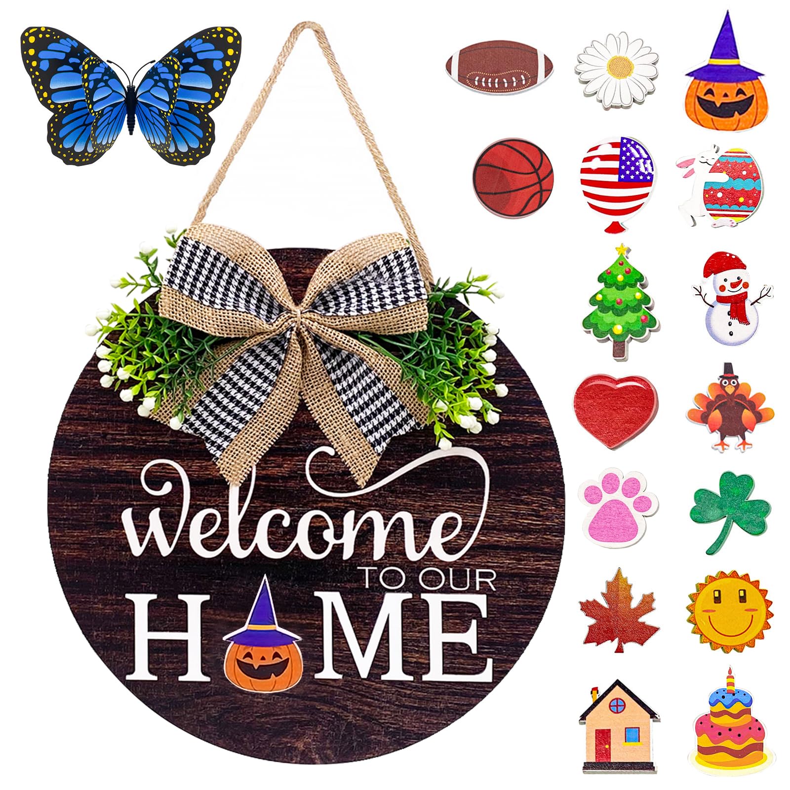 Interchangeable Welcome Sign Wreaths for Front Door - Seasonal Round Wood Door Sign, Farmhouse, Porch Wall Outdoor Hanging for T
