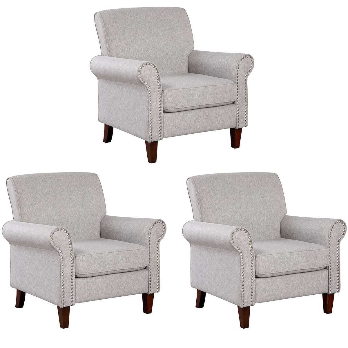 Prilinex Upholstered Living Room Chair Set Of 3 - Large Comfy Fabric Accent Chair Single Sofa With Cushion, Rolled Armrest & Nai