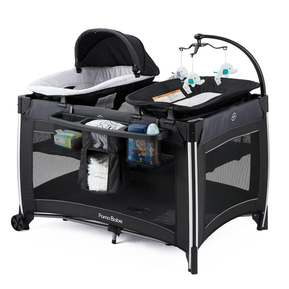 Pamo Babe 4 in 1 Portable Baby Crib Deluxe Nursery Center, Foldable Travel Playard with Bassinet, Mattress, Changing Table for N